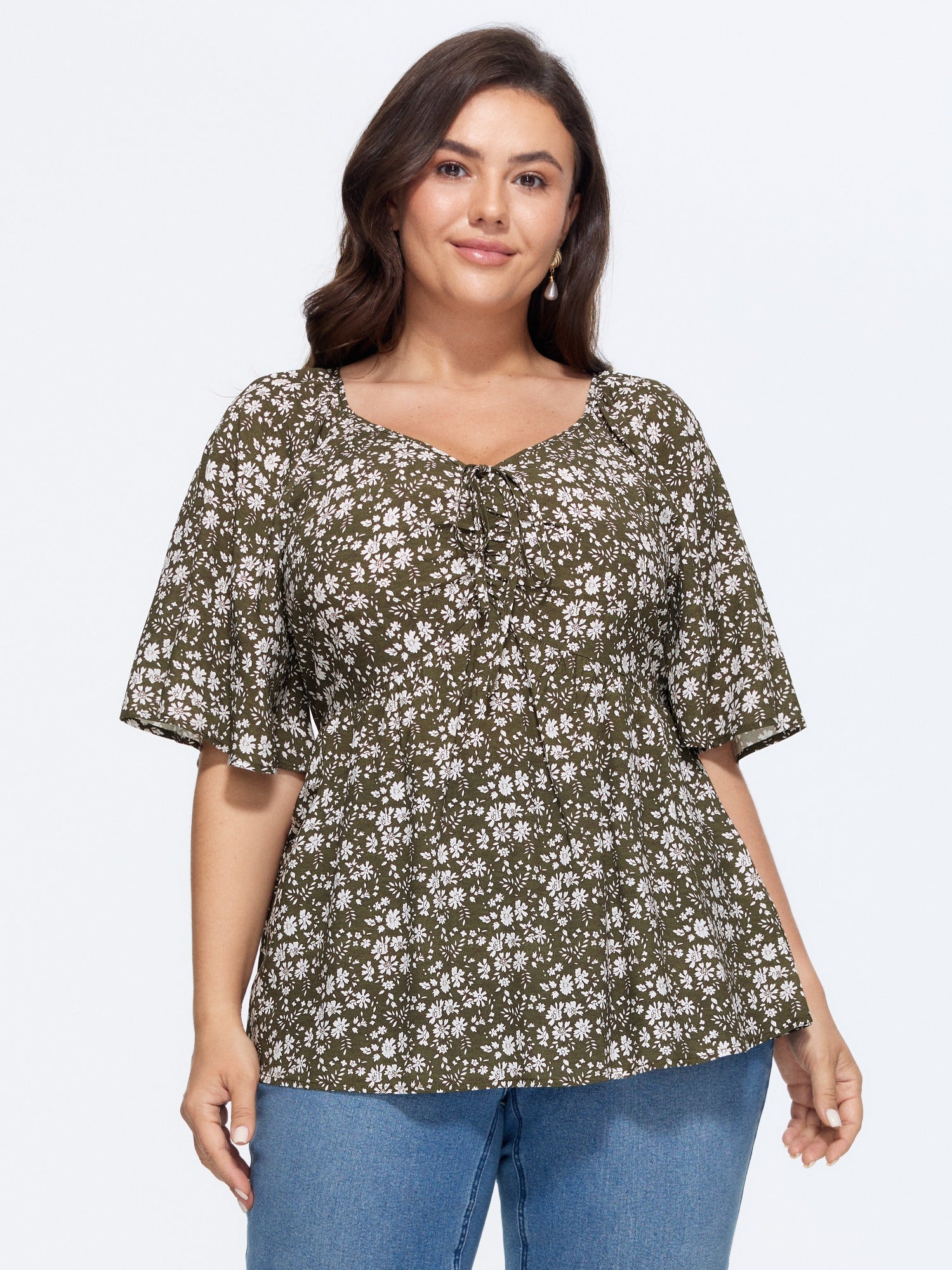 Bust-Comfort Floral Print Tie Blouse