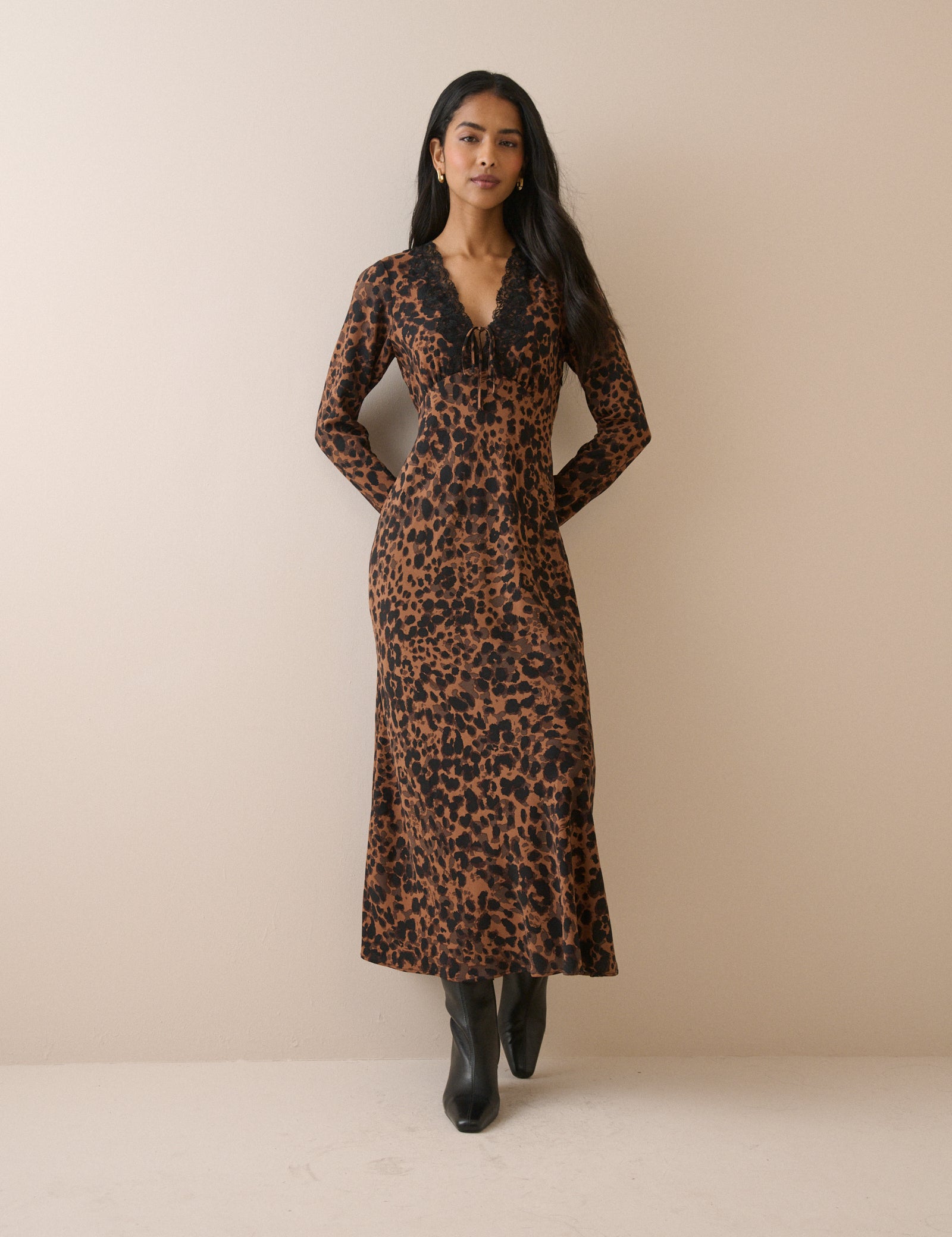 Leopard Print Lace Trim Long Sleeve Aida Midi Dress