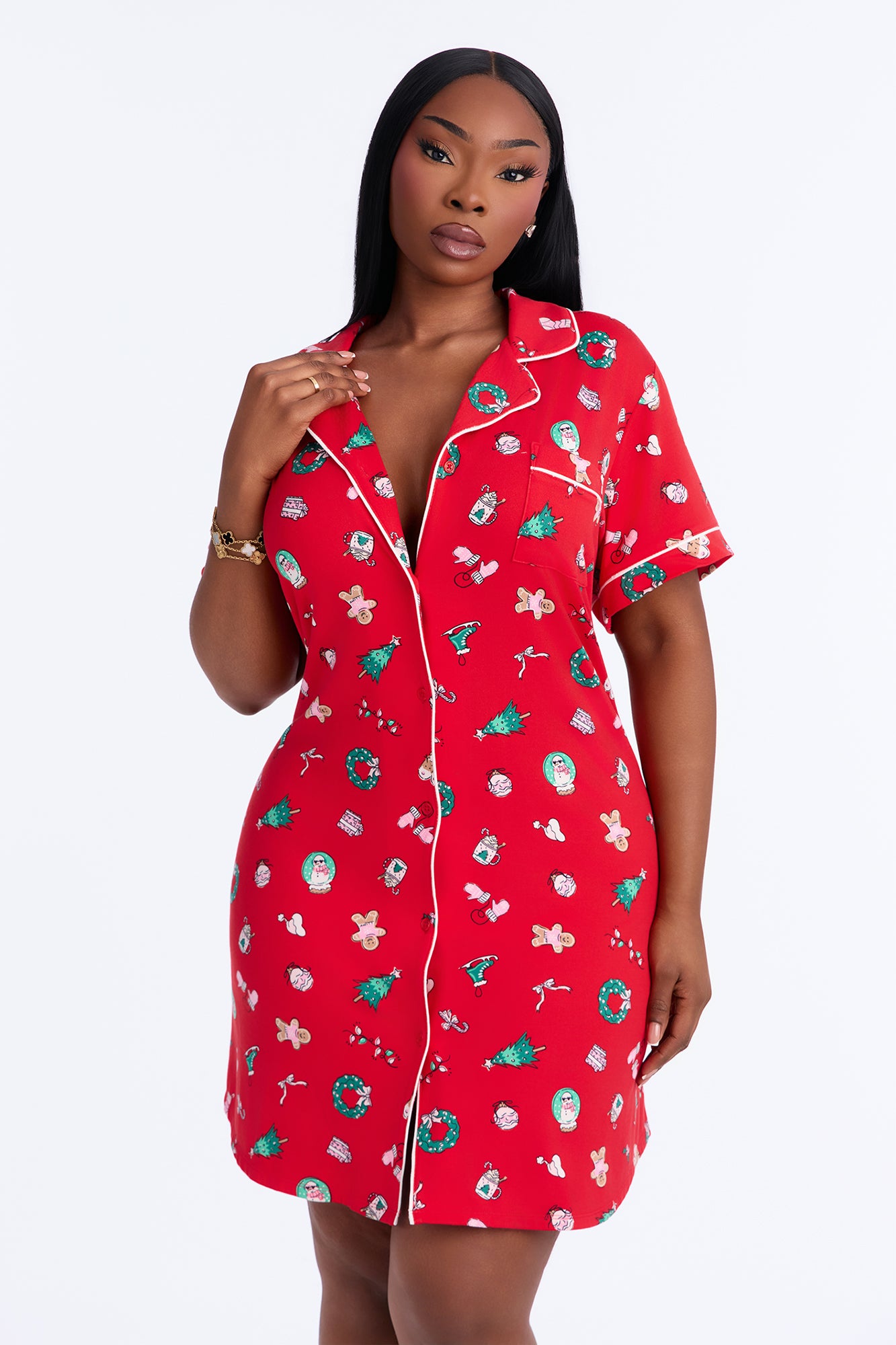 Cozy Christmas Cutie Short Sleeve PJ Sleep Dress - Red/combo