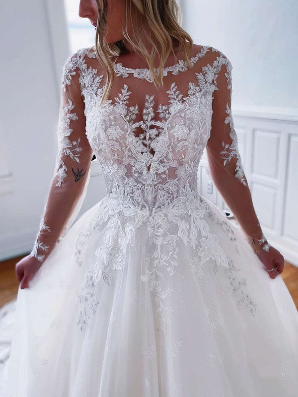 Gorgeous Ball Gown Long Sleeves Tulle Lace Wedding Dresses with Appliques