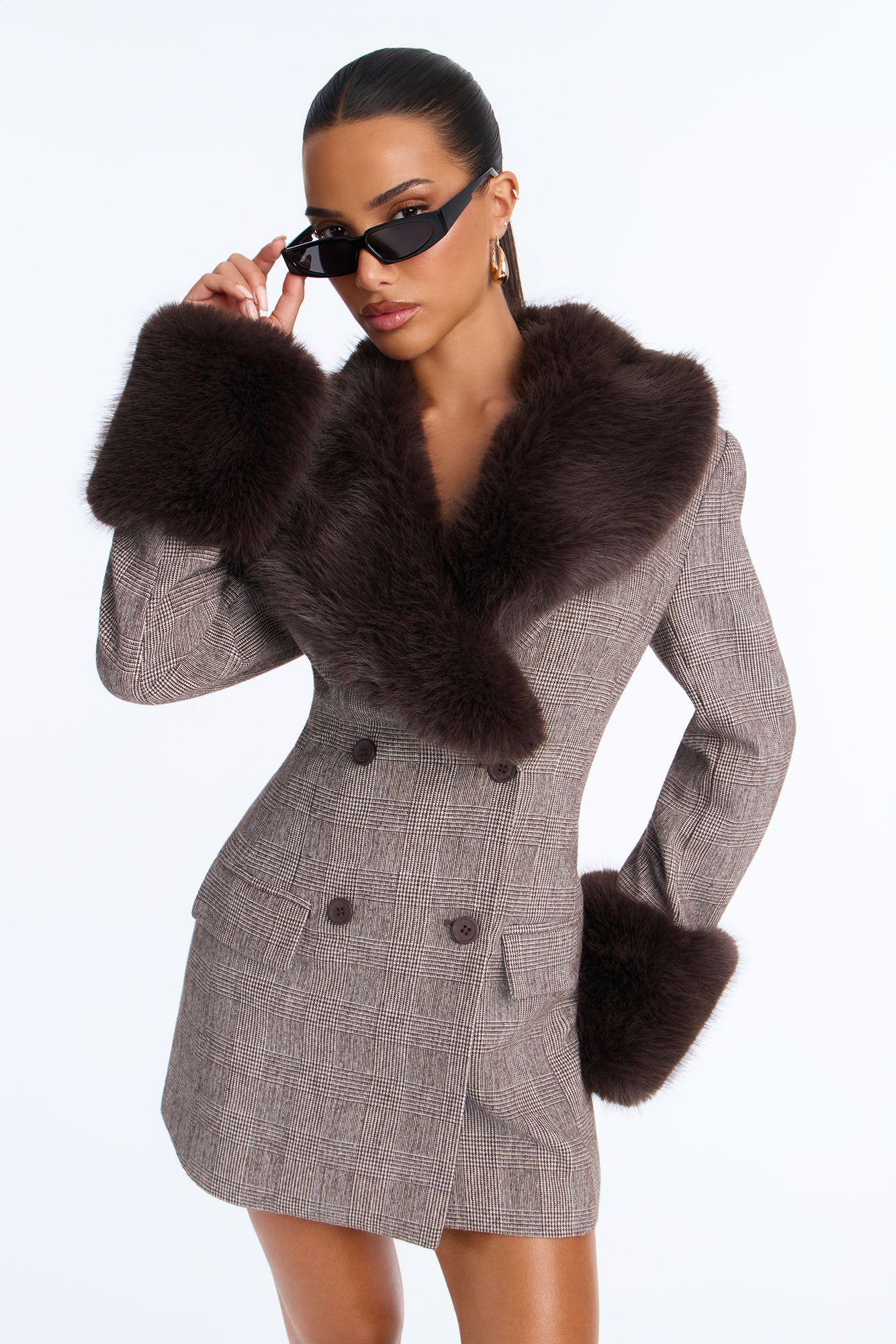 Ivy Faux Fur Trim Blazer Mini Dress - Chocolate/Combo