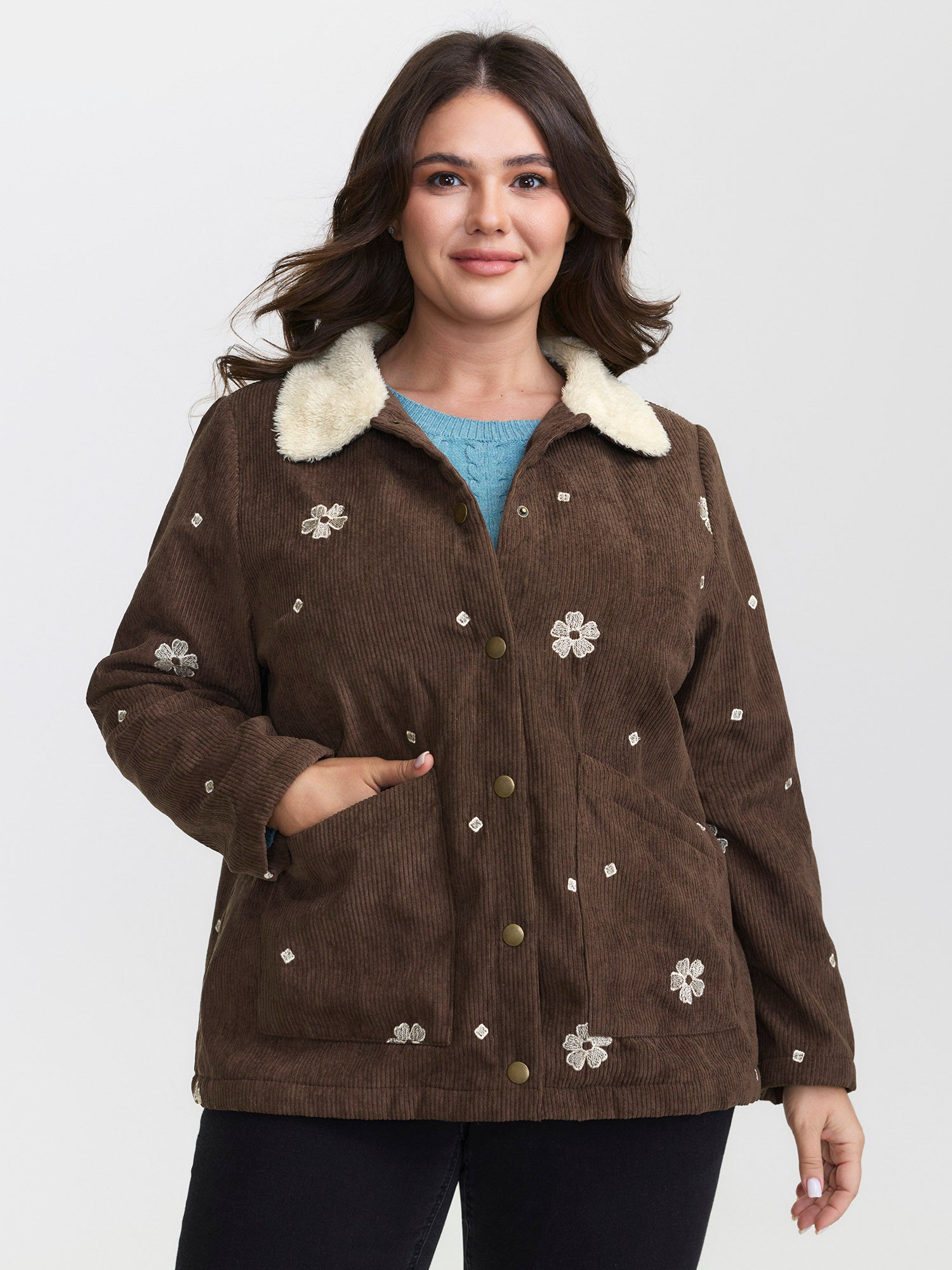 Floral Embroidered Textured Button Coat