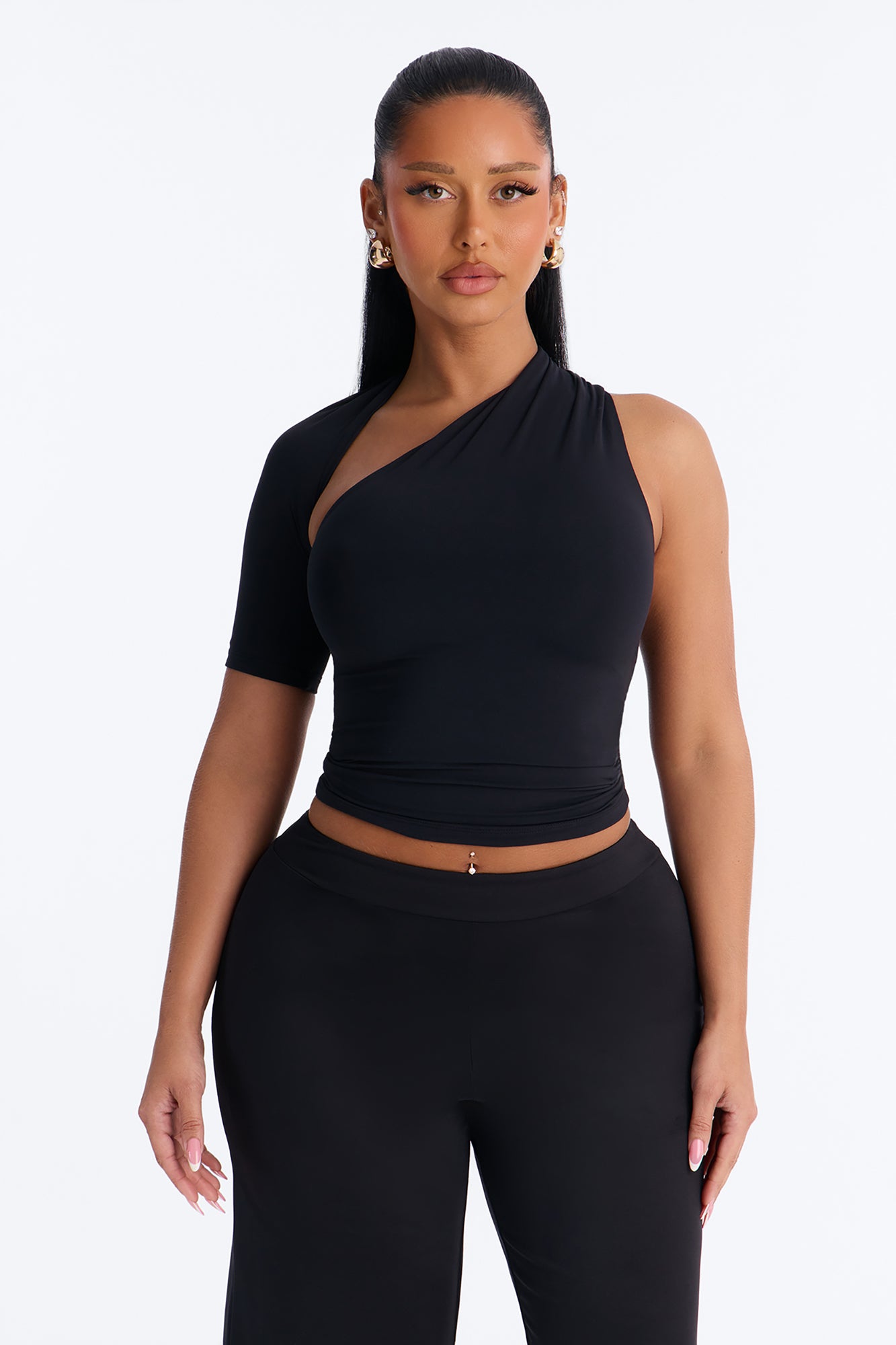 Second Skin Double Lined One Shoulder Short Sleeve Top - Black