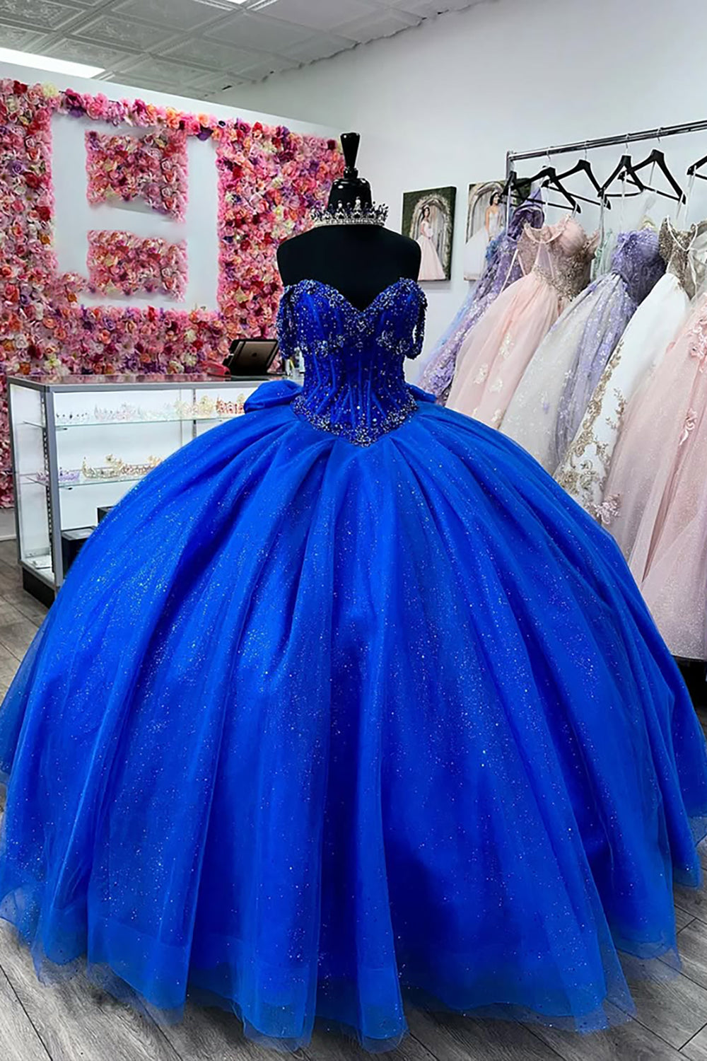 Royal Blue Glitter Off-the-Shoulder Princess Corset Quinceanera Dress with Beaded Tulle