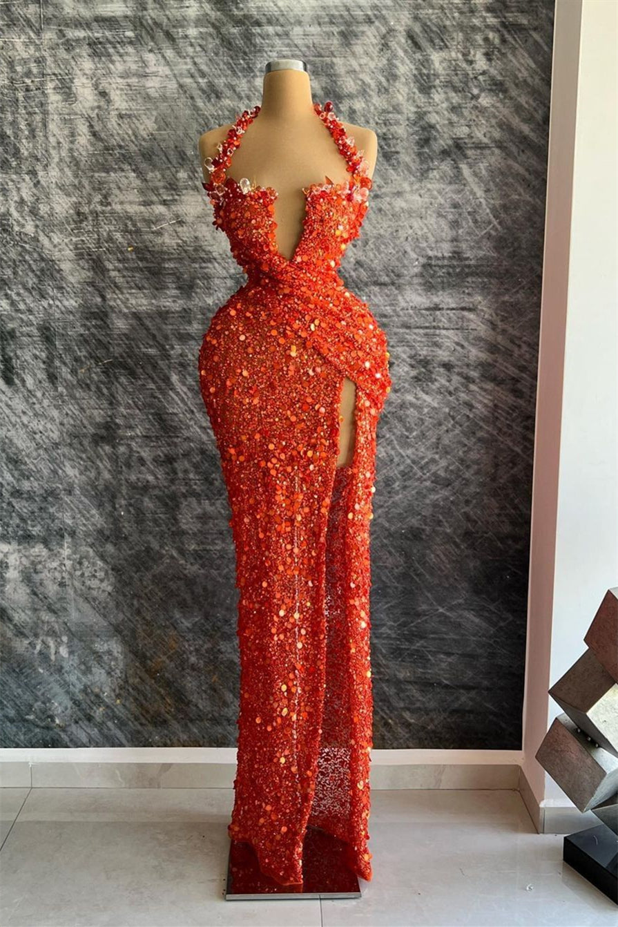 Red Halter Deep V-Neck Sequins Evening Dress Mermaid With Rhinestone Slit