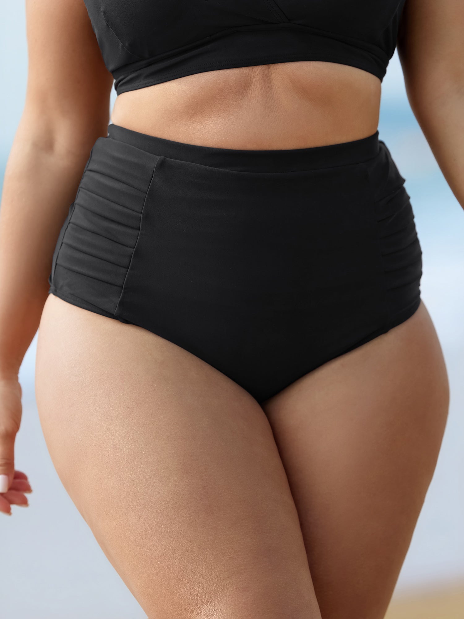 Pleated High-Waisted Swim Bottoms