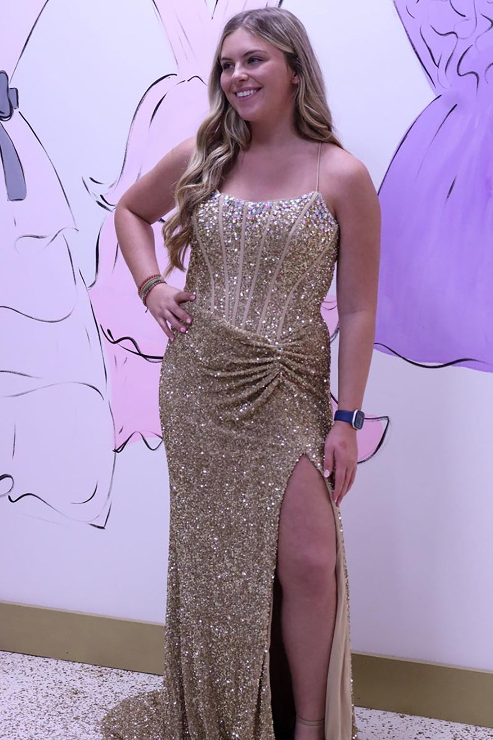 Long Gold Sequins Prom Dress with Spaghetti Straps and Slit