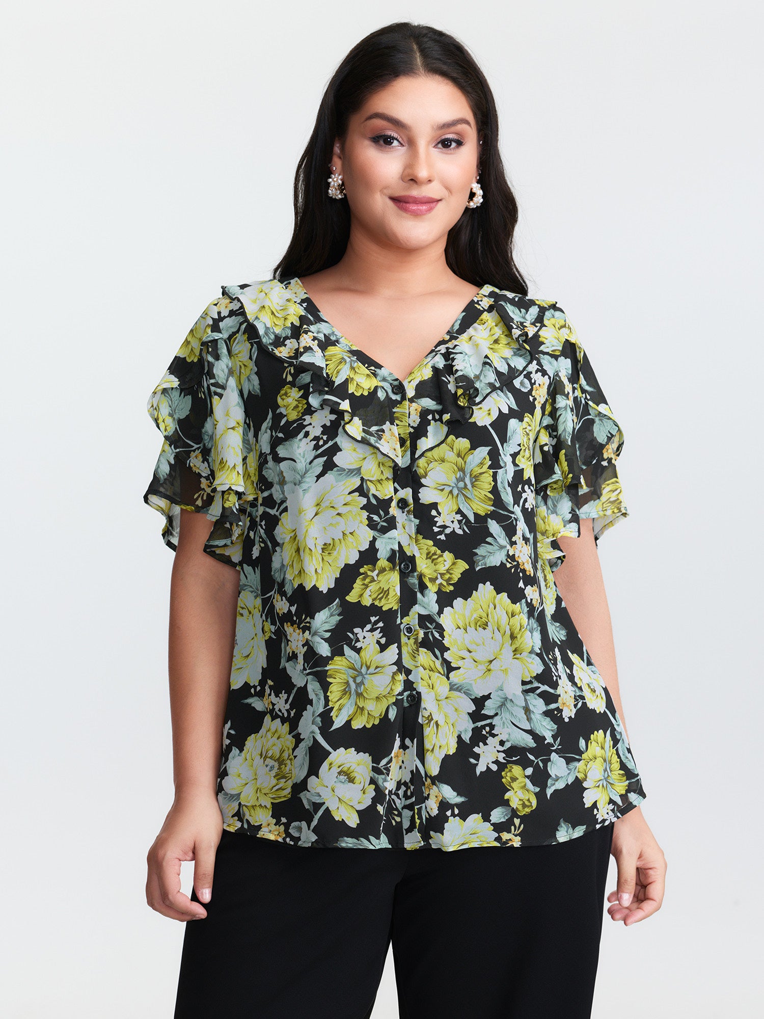 Floral Print Ruffled Edges Blouse