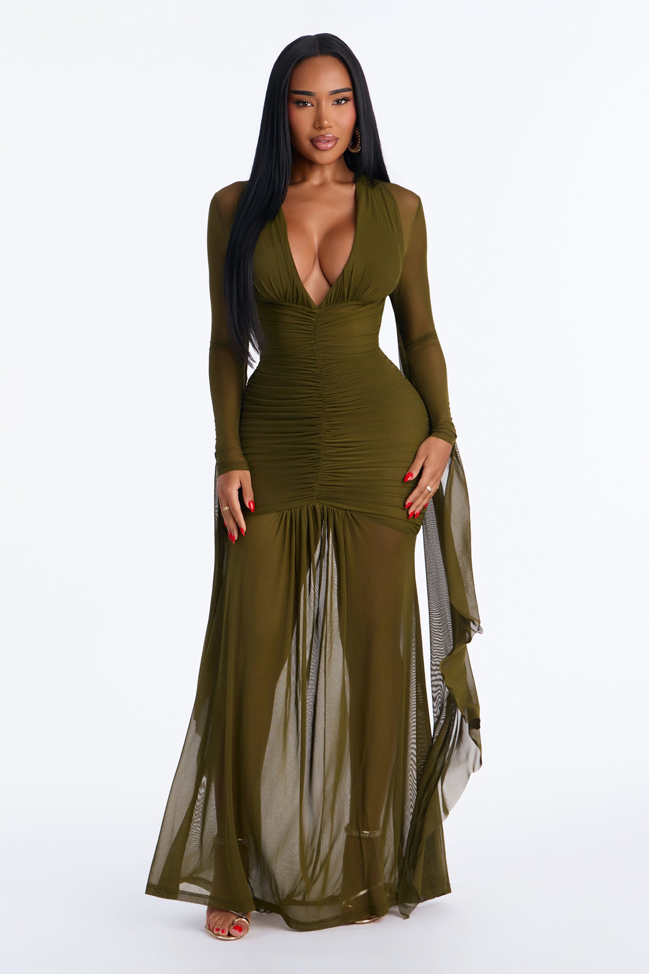 Night Well Spent Ruched Mesh Maxi Dress - Olive