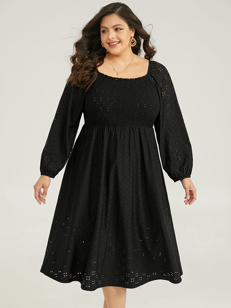 Plain Square Neck Laser Cut Lantern Sleeve Dress