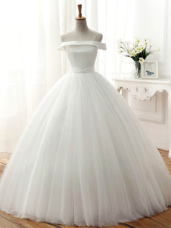 Gorgeous Floor-Length Off-The-Shoulder Satin Tulle Ball Gown Wedding Dresses