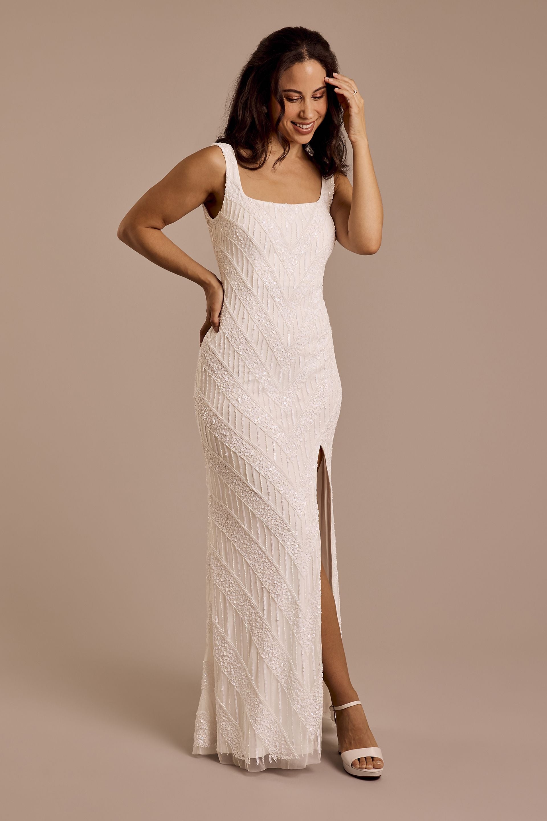 Square Neck Beaded Sheath Wedding Dress