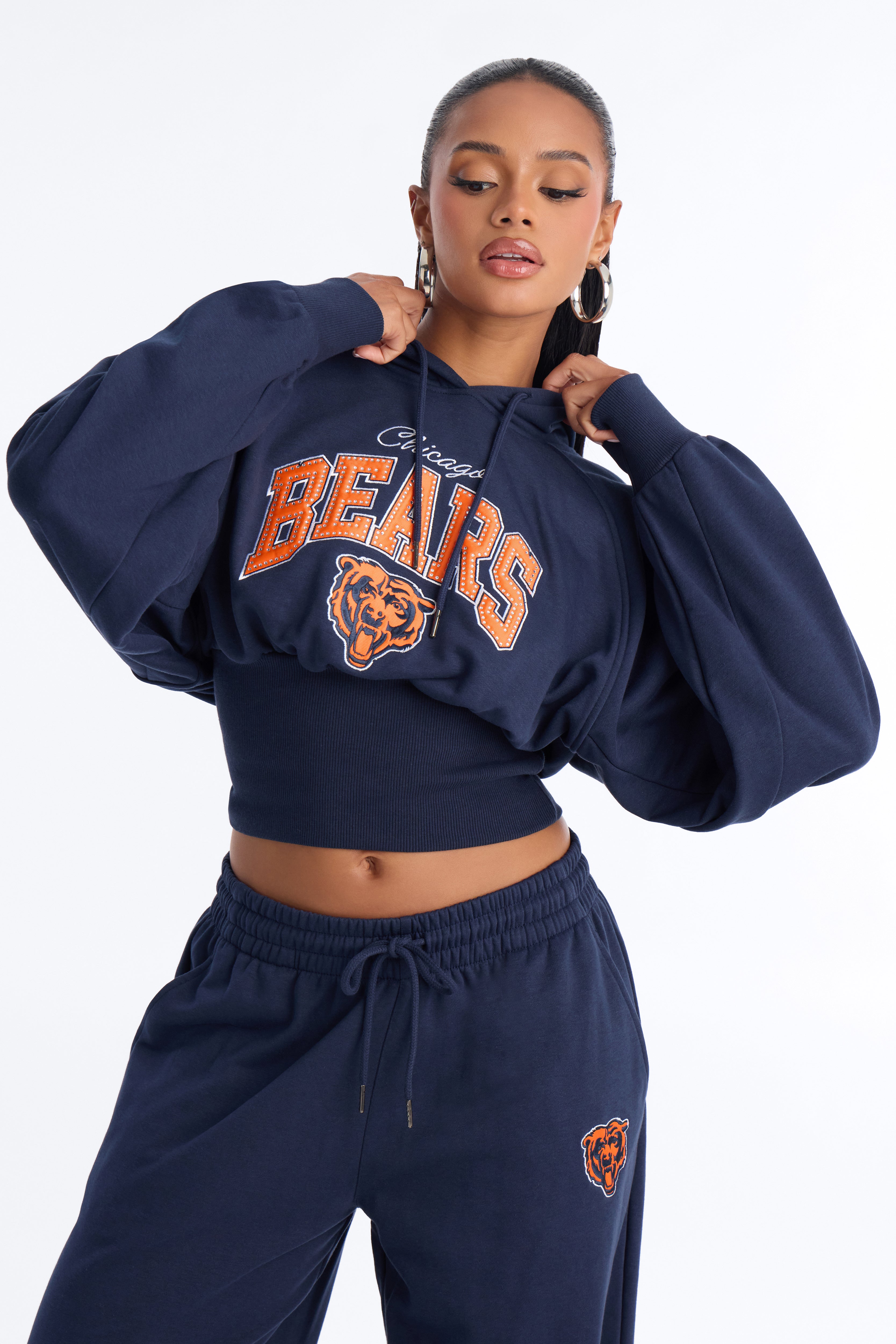 NFL Bears Cinched Rhinestone Hoodie Sweatshirt - Navy