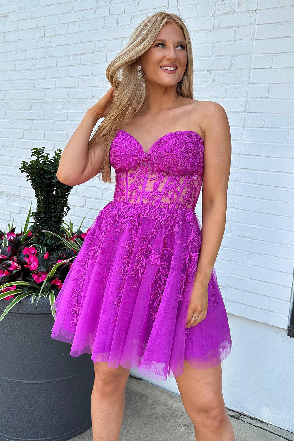 Sparkly Fuchsia Corset A-Line Tulle Short Homecoming Dress/Mini Dress with Lace