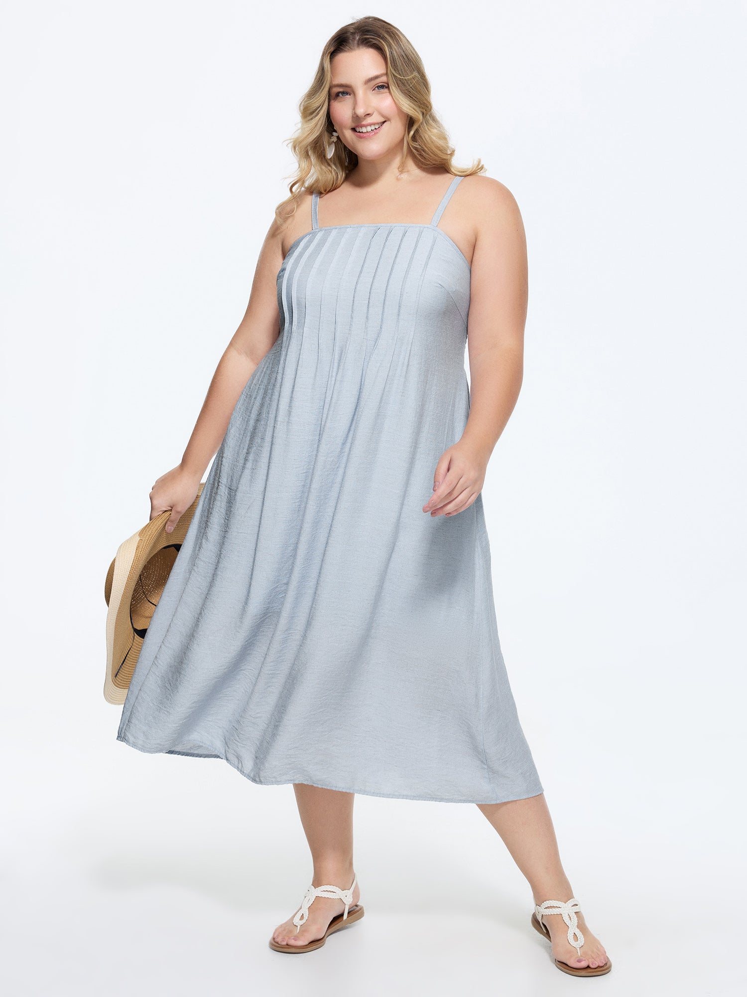Toothpick Pleated Shirred Cami Midi Dress