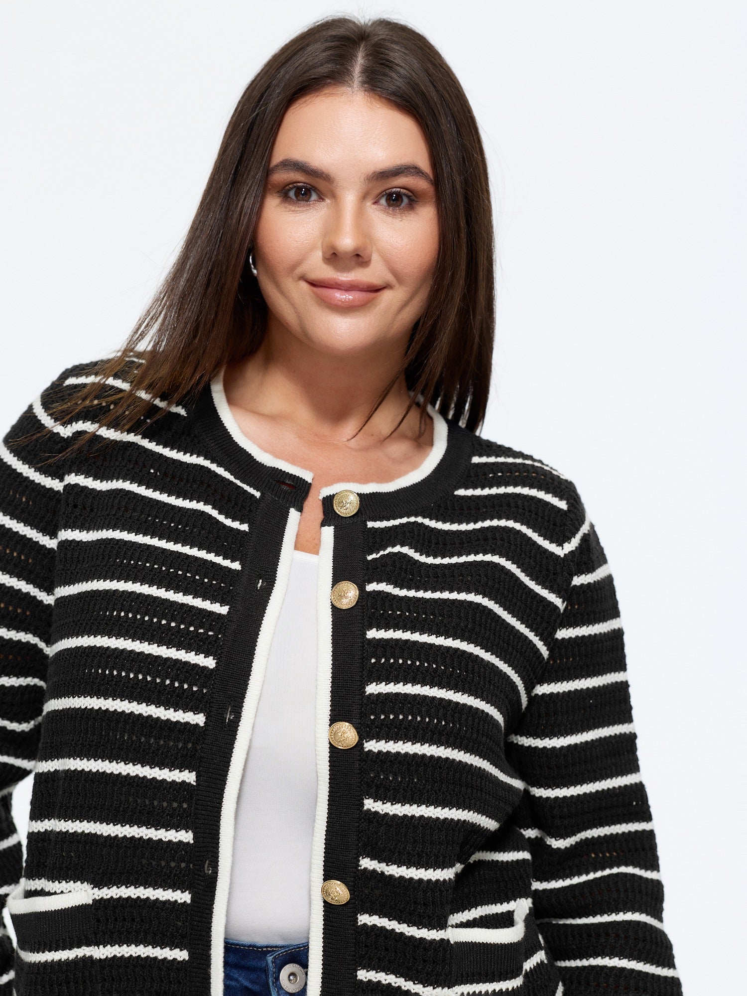 Color Contrast Striped Pocket Button Front Cardigan