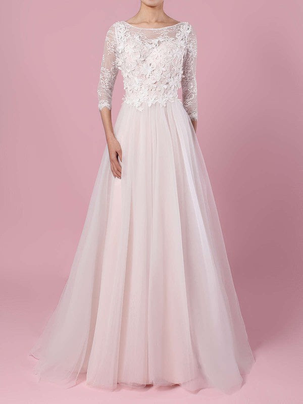 Gorgeous Sweep Train 3/4 Long Sleeves Tulle Lace Ball Gown Wedding Dresses with Appliques