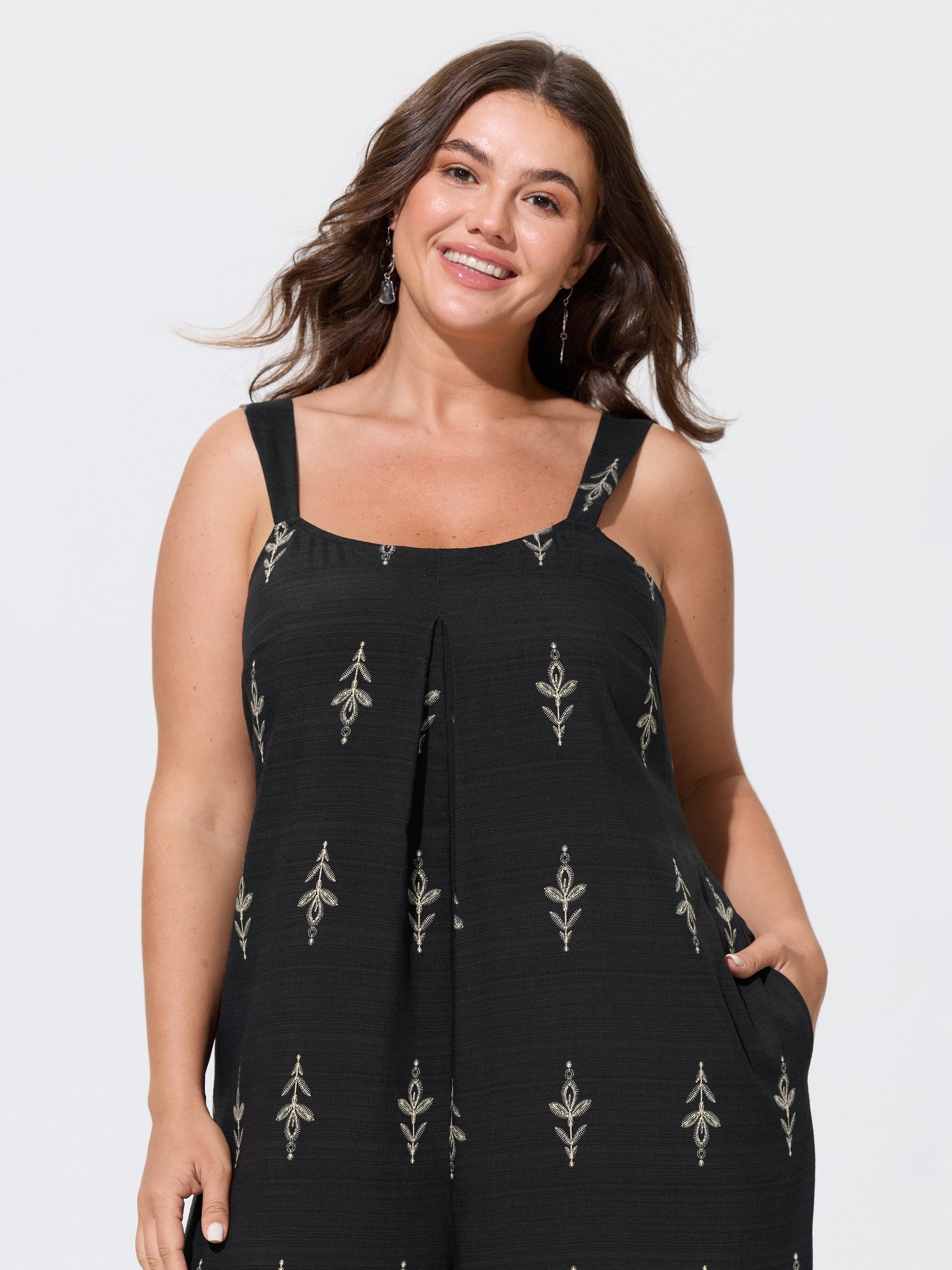 Boho Print Shirred Wide Leg Jumpsuit