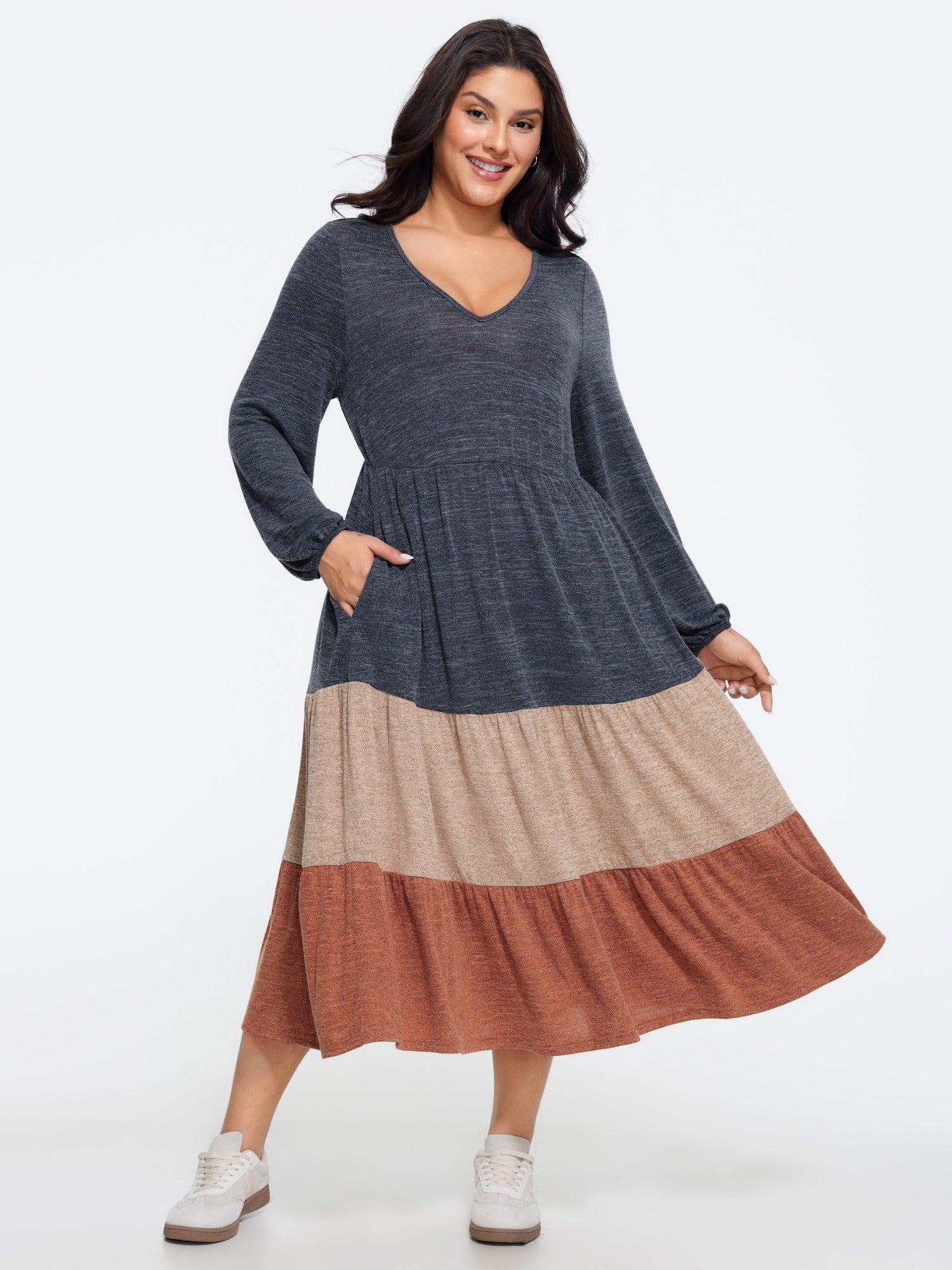 Supersoft Stretch Color Block Tiered Midi Dress