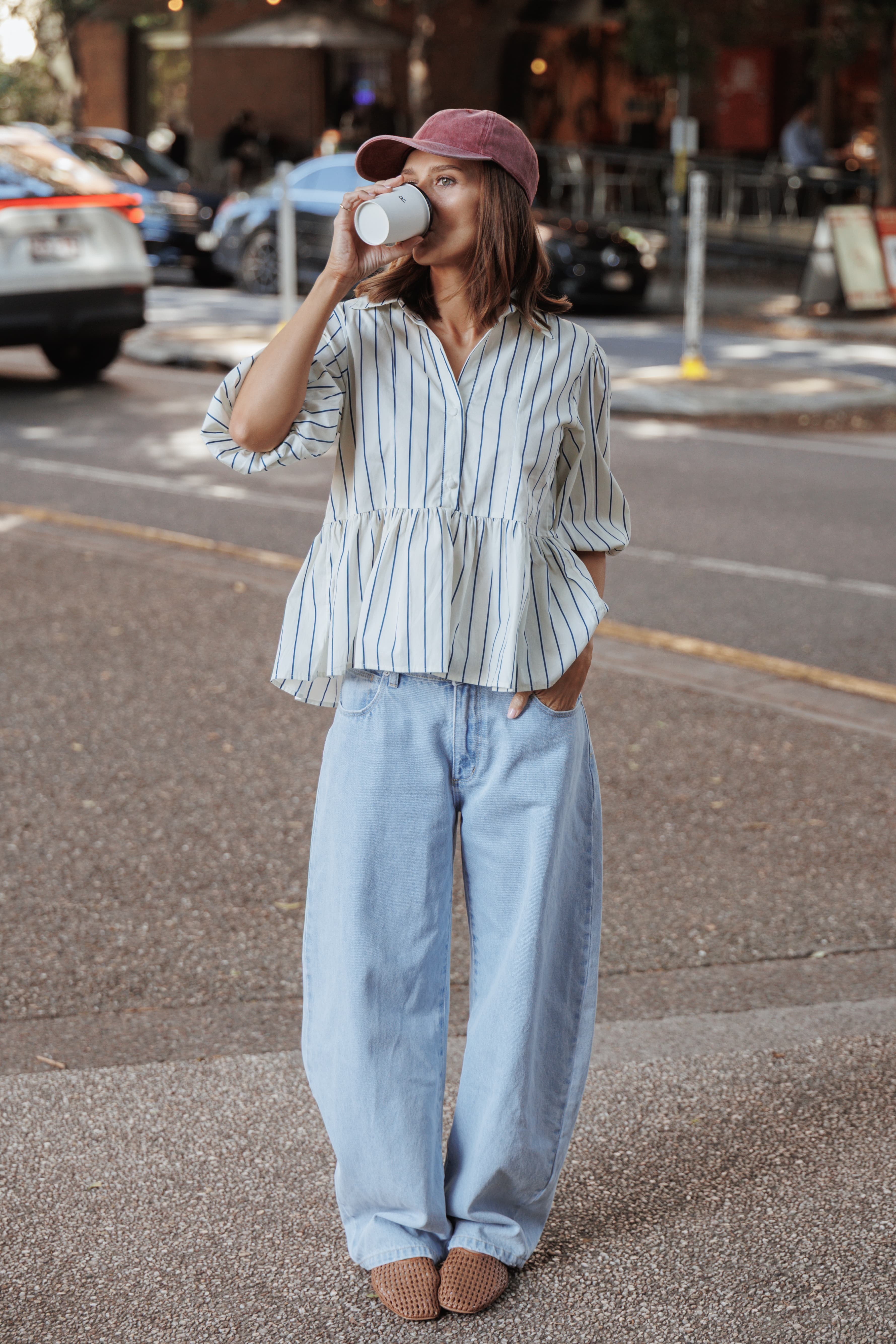 Thomas Short Sleeve Peplum Top - Yellow/Blue Stripe