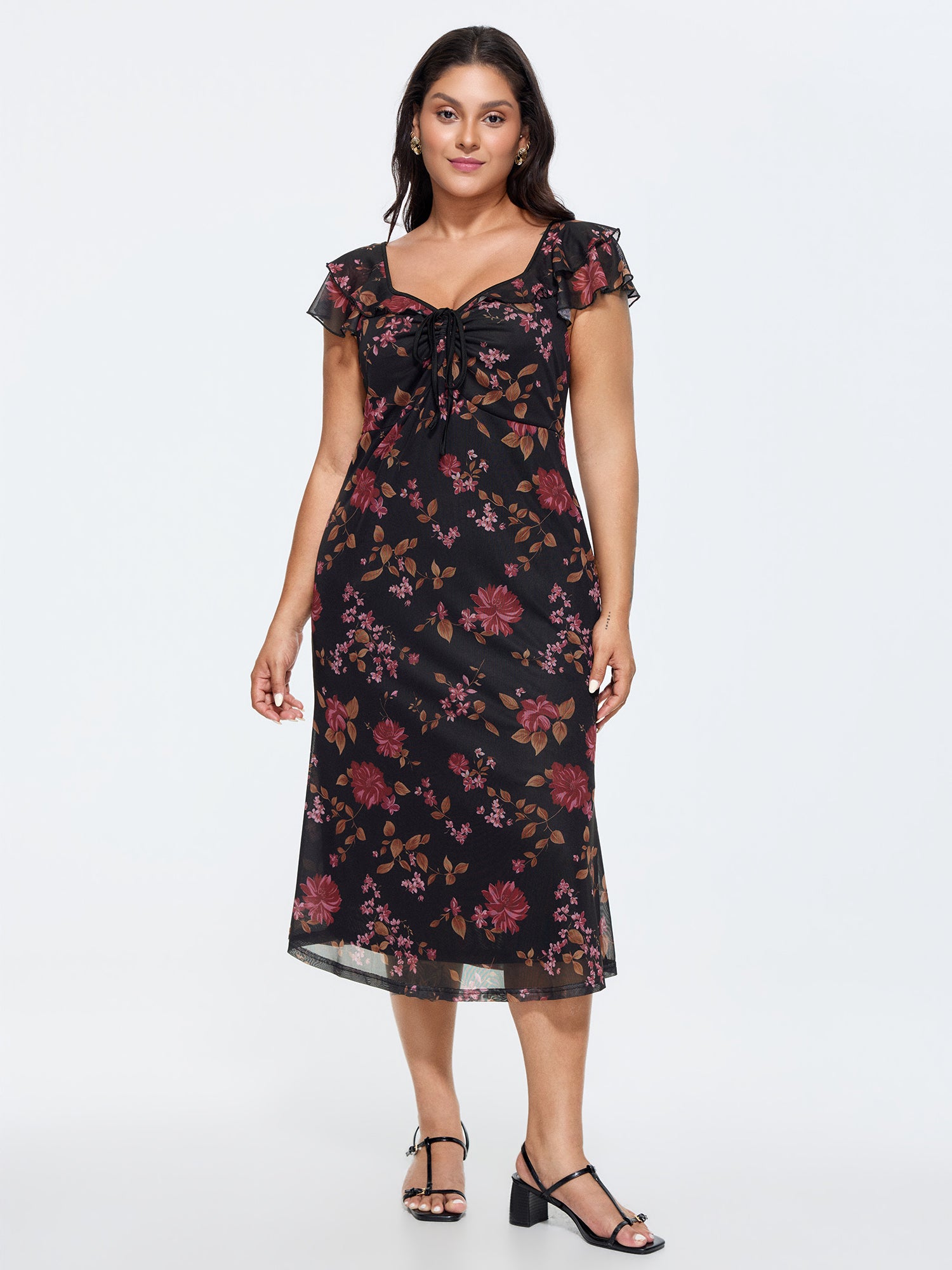 Floral Print Sweetheart Layered Sleeve Midi Dress