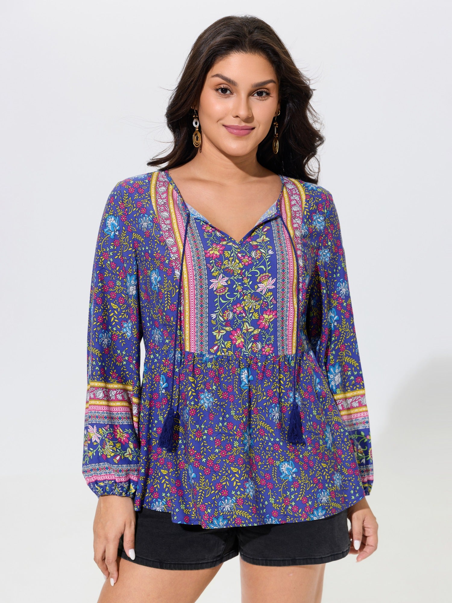 Boho Floral Print Tassel Tie Blouse
