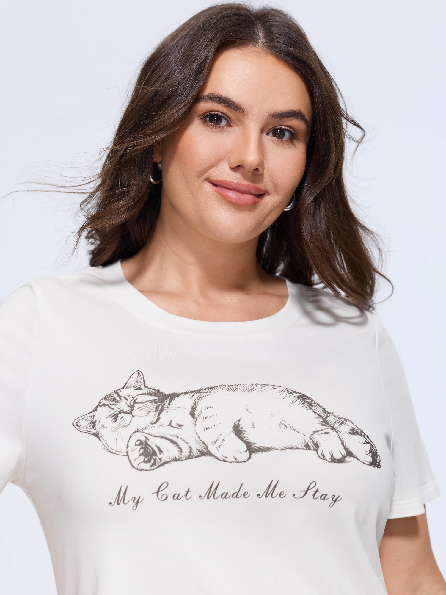 Cotton Cat Print Crew Neck Casual T‑Shirt