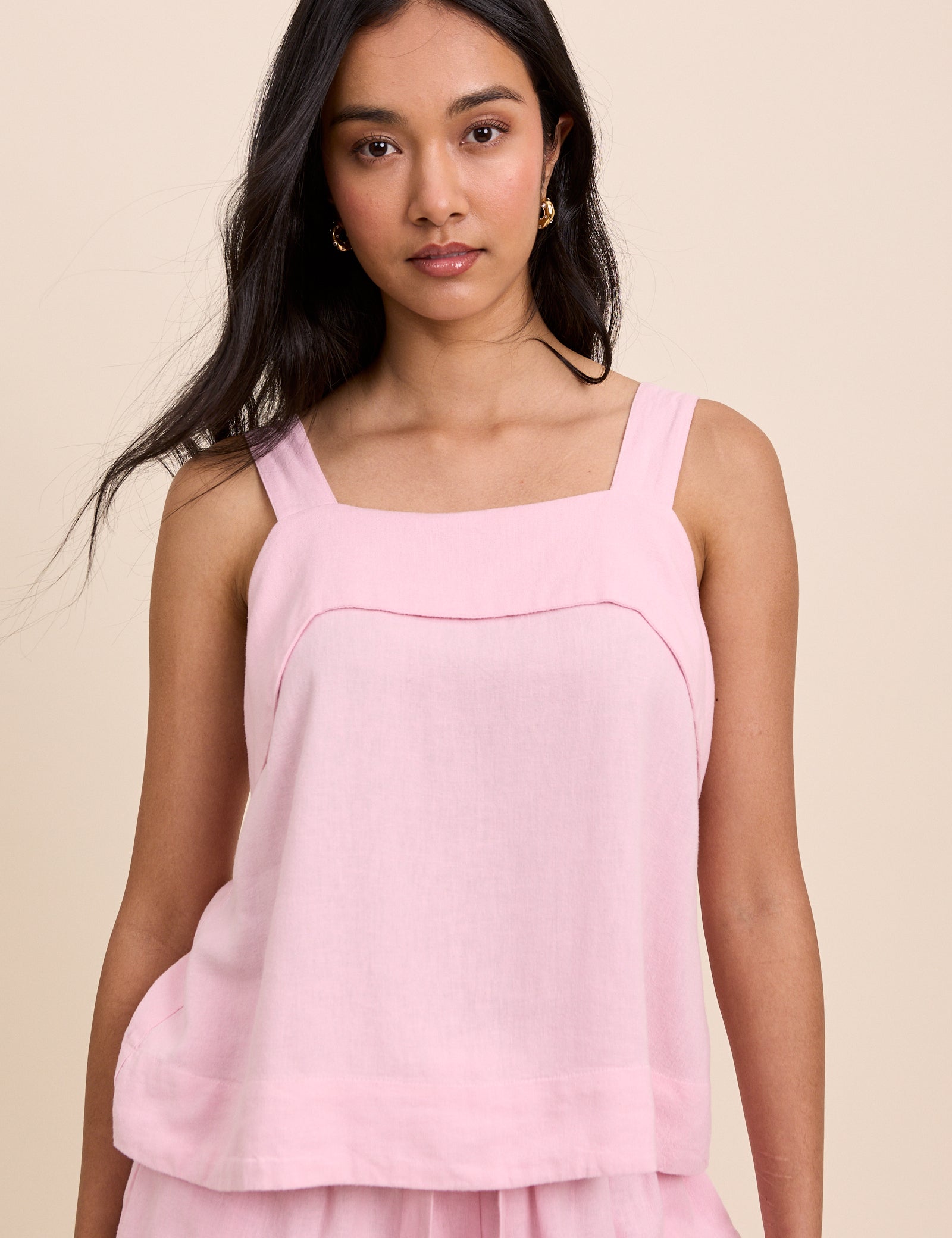 Pink Tie Back Linen-Rich Tank Top