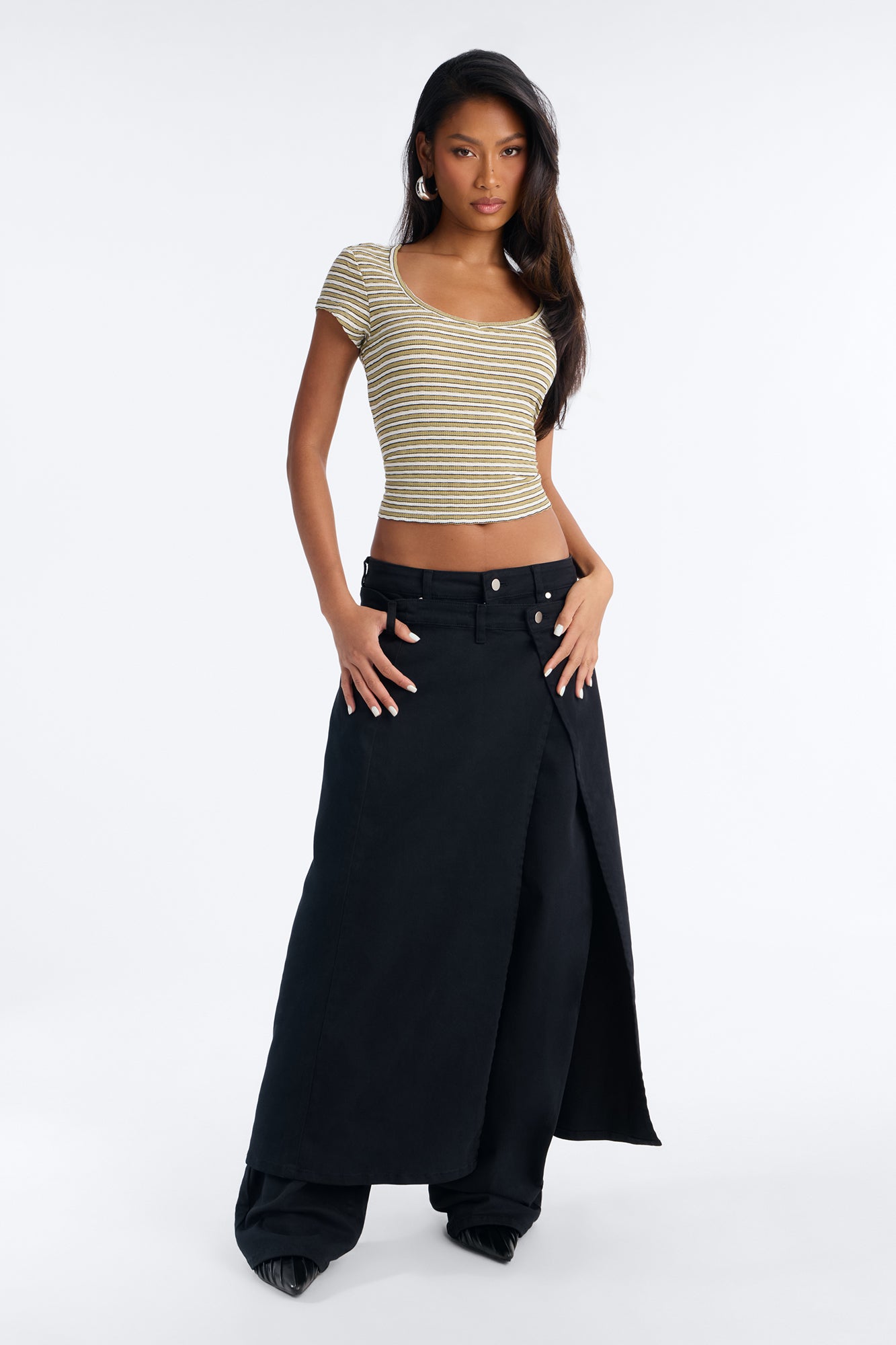 Womens Removable Layered Wrap Skirt Pant - BlackWash