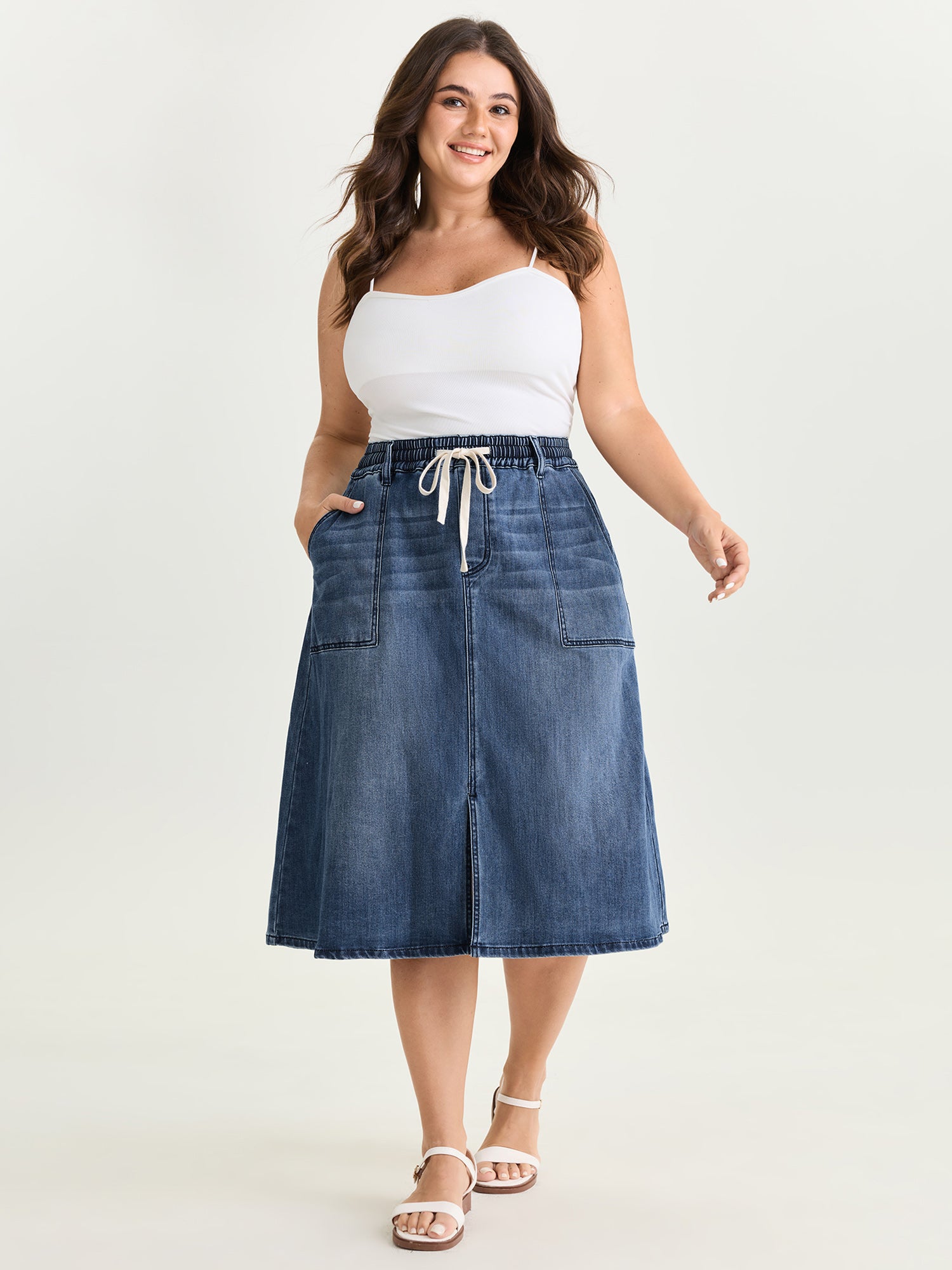 Stretchy Contrast Drawstring Waist Midi Denim Skirt