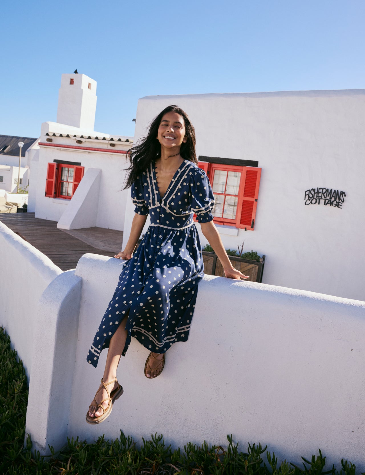 Navy Polka Dot Puff Sleeve Saffy Midi Dress