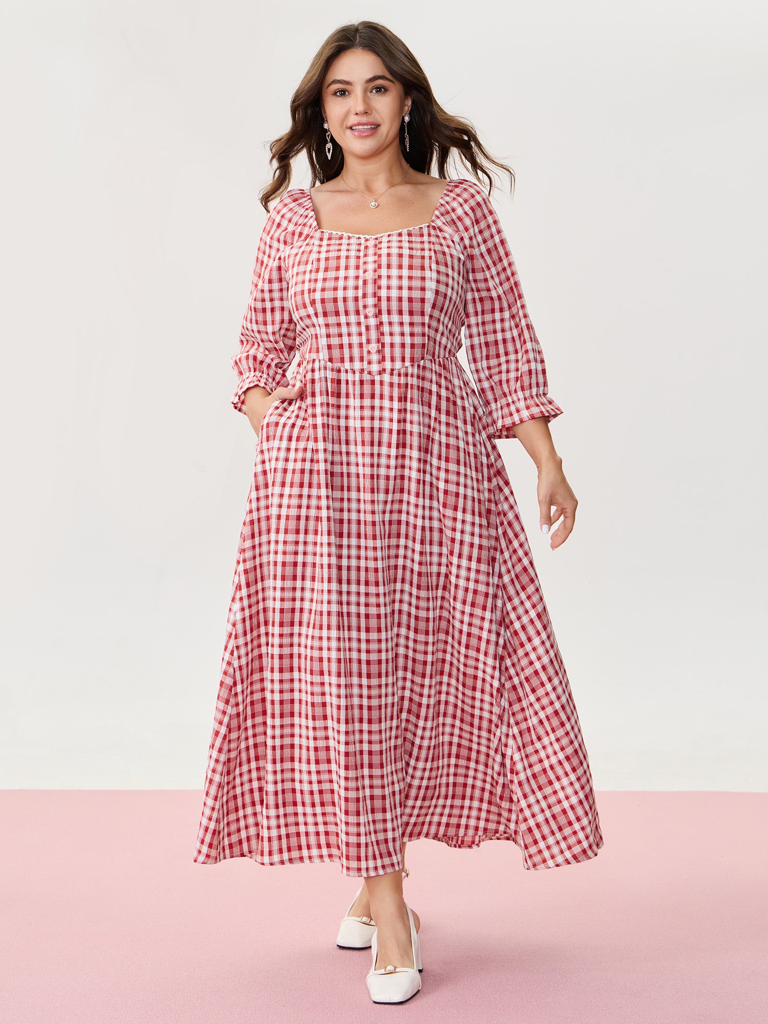 Checkered Print Pockets Button Maxi Dress