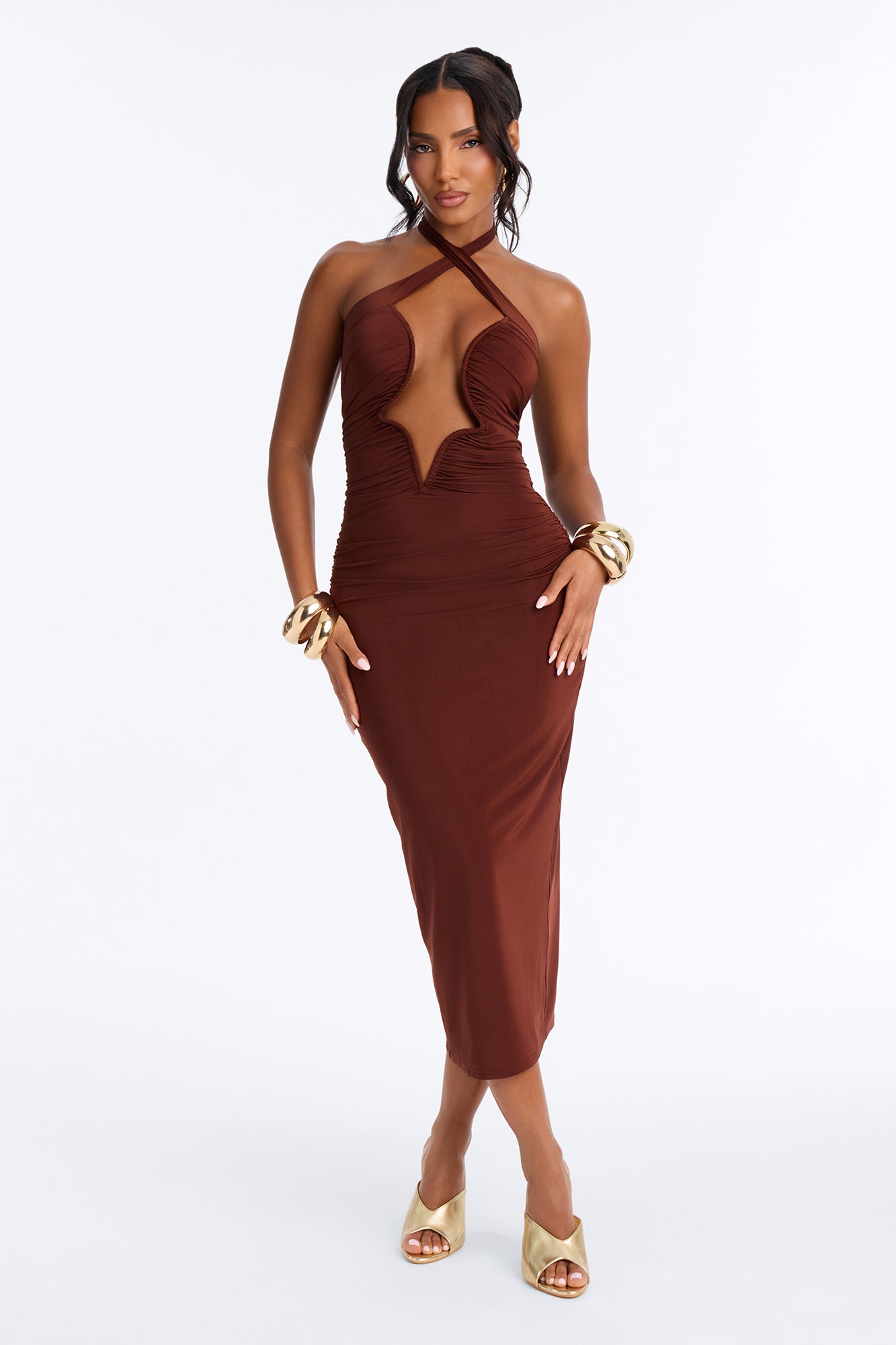 Main Character Energy Ruched Halter Midi Dress - Chocolate