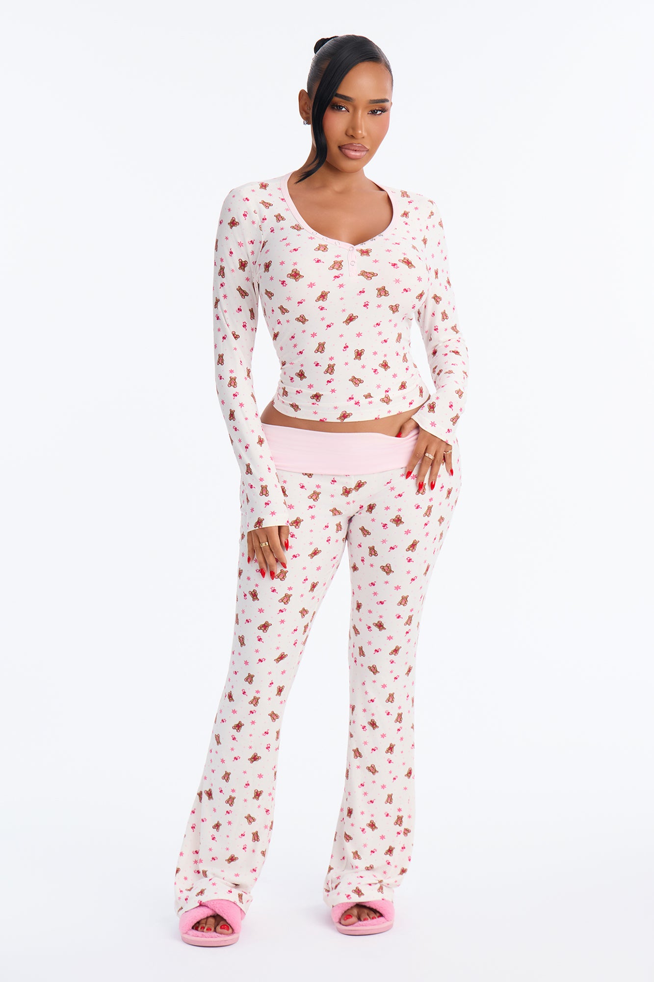 Holiday Bear Hugs Fleece Henley PJ Pant Set - White/combo