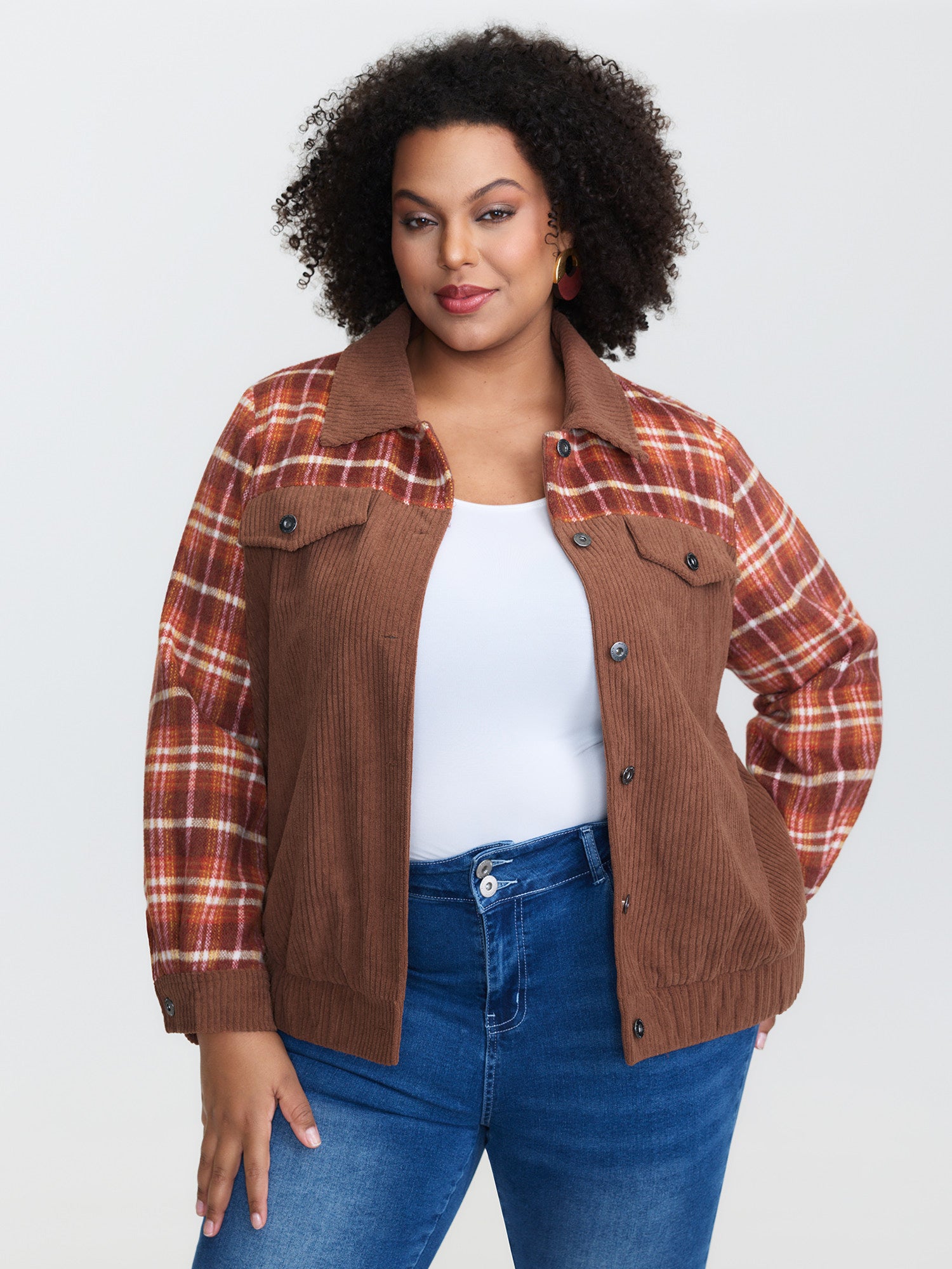 Plaid Print Color Contrast Button Jacket