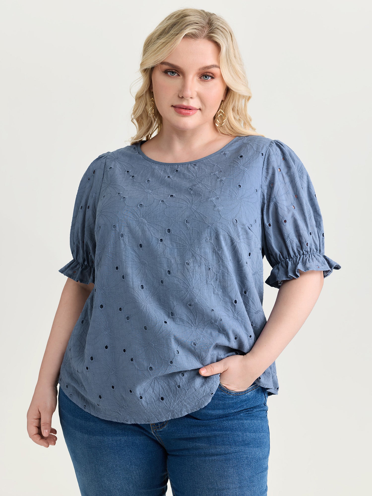 Floral Eyelet Trim Stretchy Cuff Sleeve Blouse