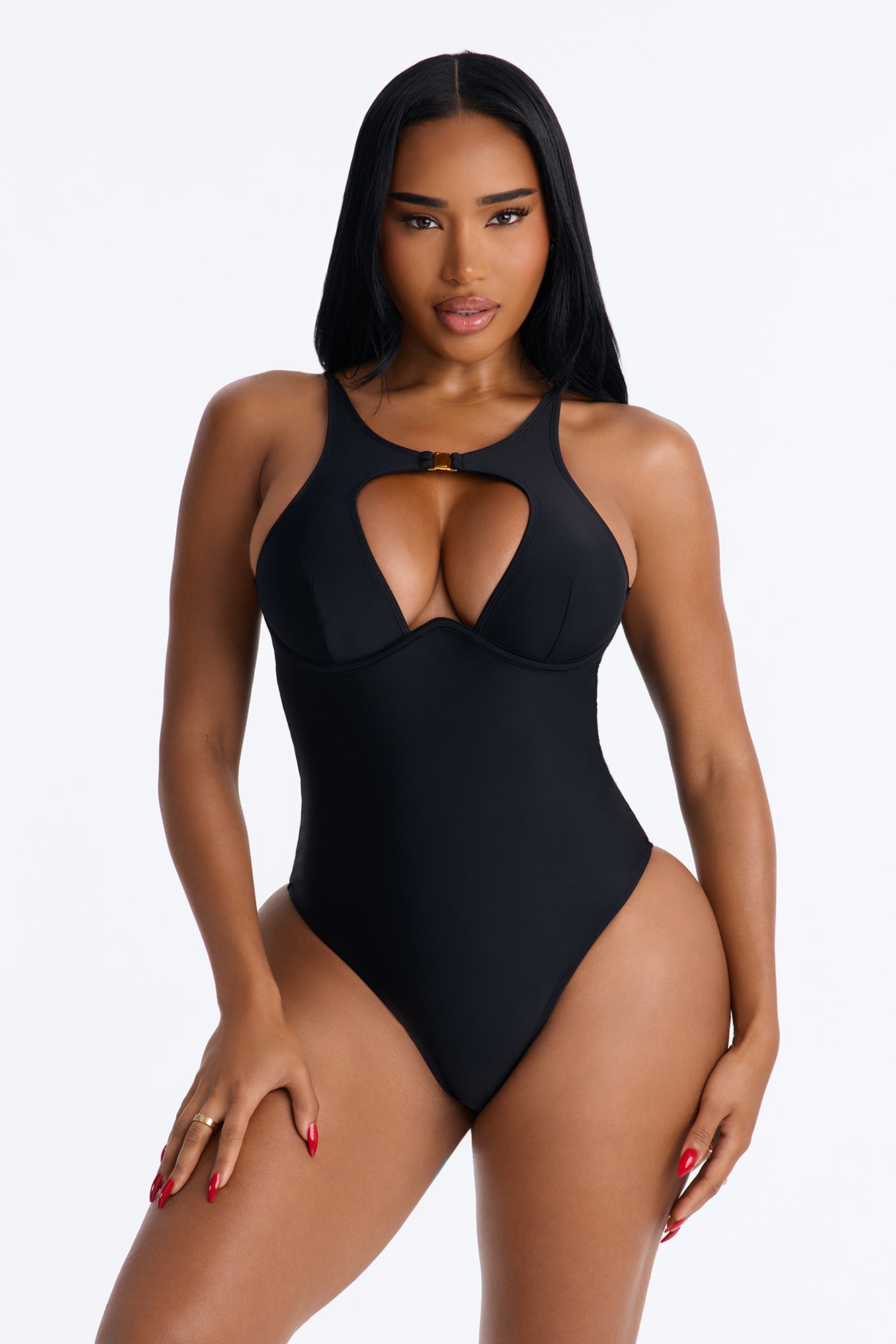 Weekend Waves 1 Piece Underwire Cut Out Swimsuit - Black