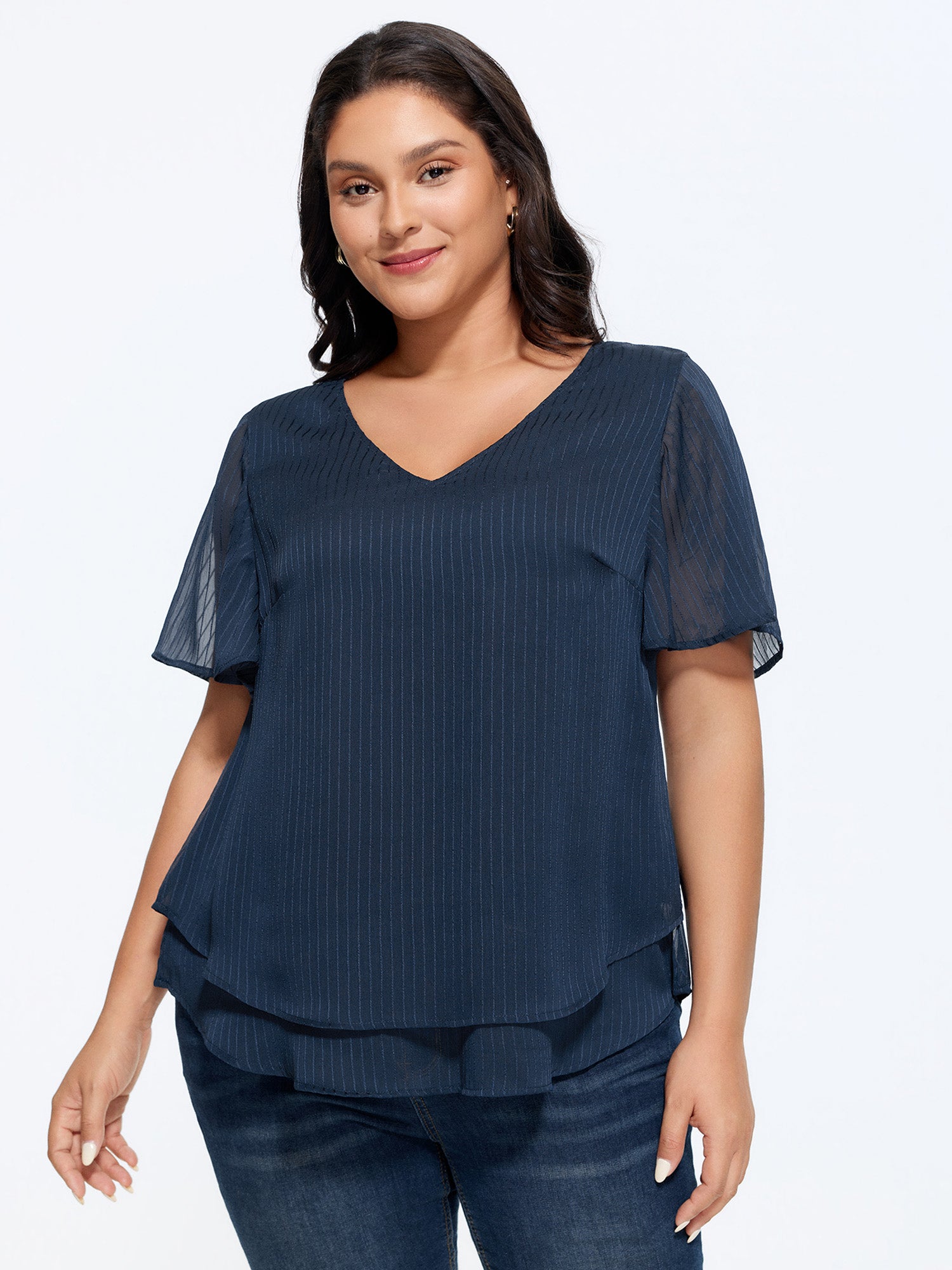 Textured Sheer Sleeve Layered Hem Blouse