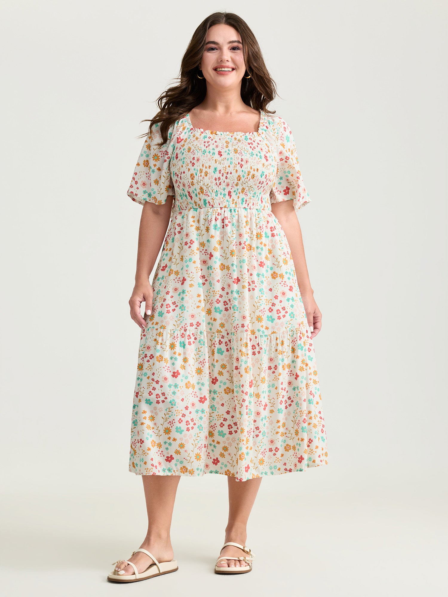 Sweet Floral Print Shirred Square Neckline Midi Dress