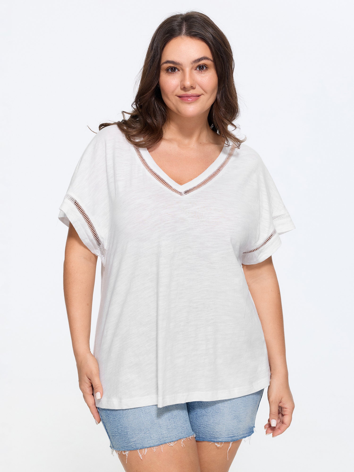 Cotton Plain Slub Eyelet Trim Dolman Sleeve T-Shirt
