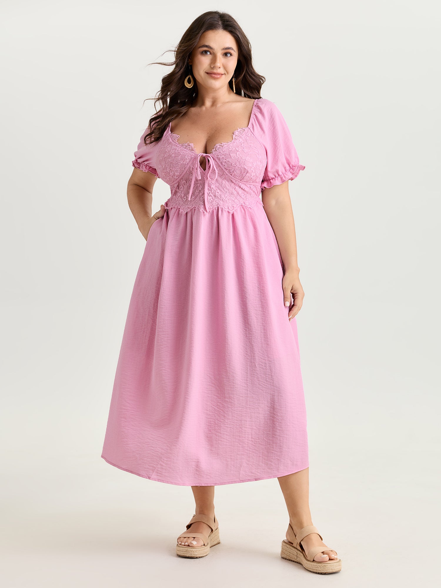 Lace Square Neck Puff Sleeve Maxi Dress