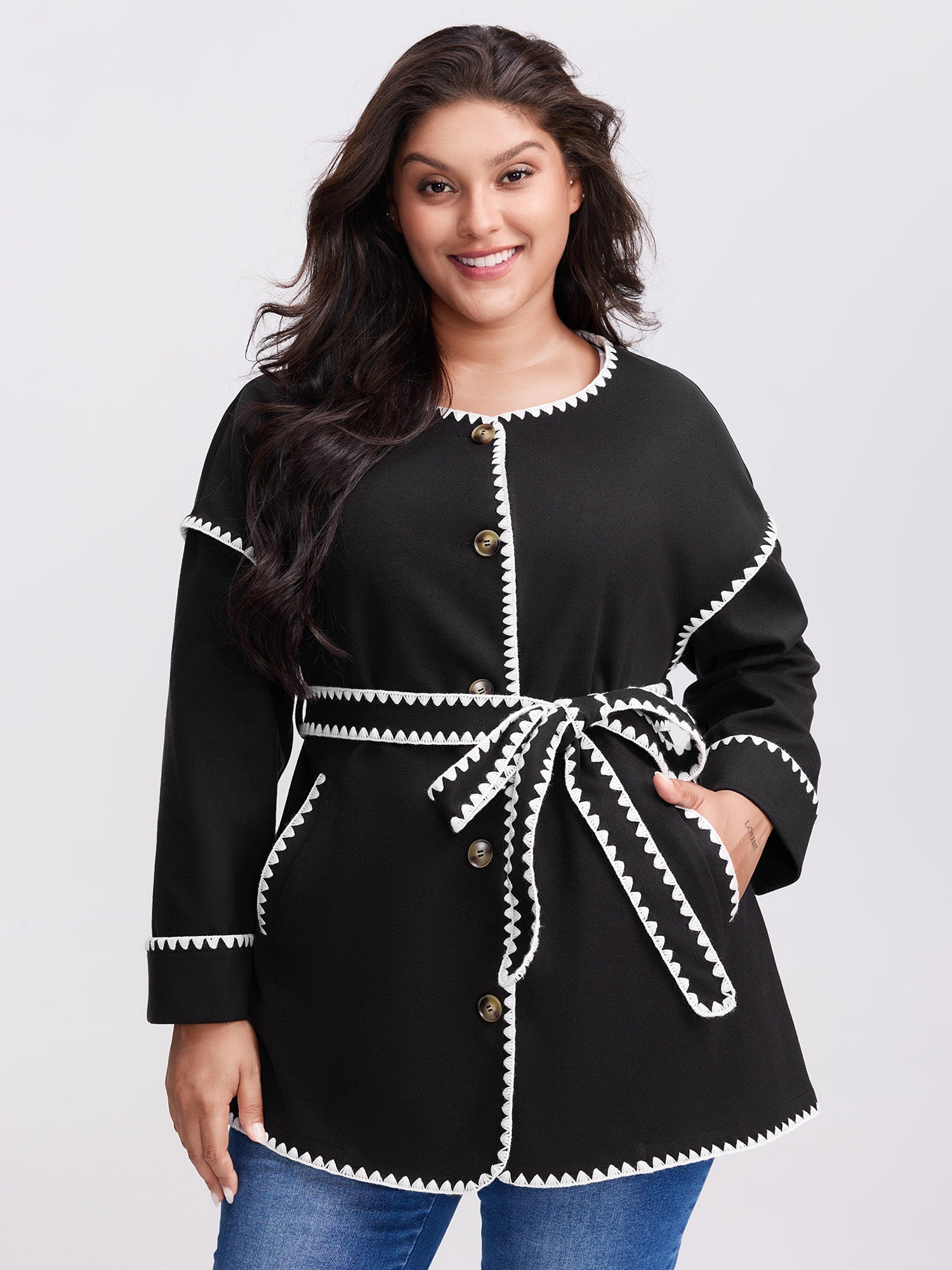 Overlock Stitch Color Contrast Belted Coat