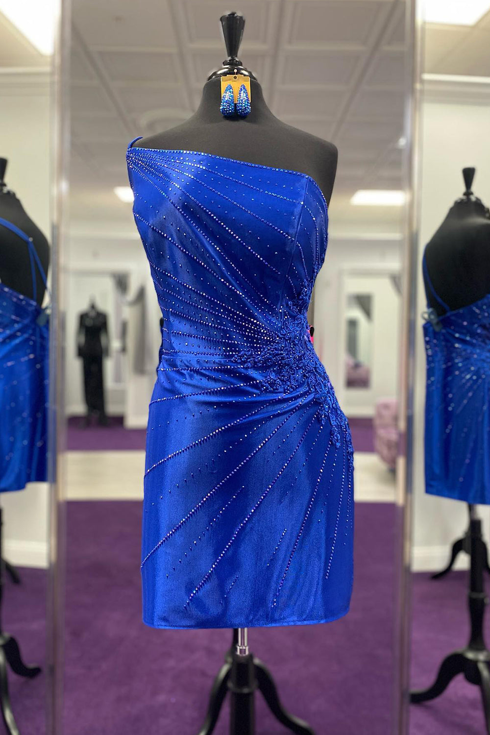 Sparkly Royal Blue Sequins One Shoulder Tight Short Homecoming Dress/Mini Dress with Lace