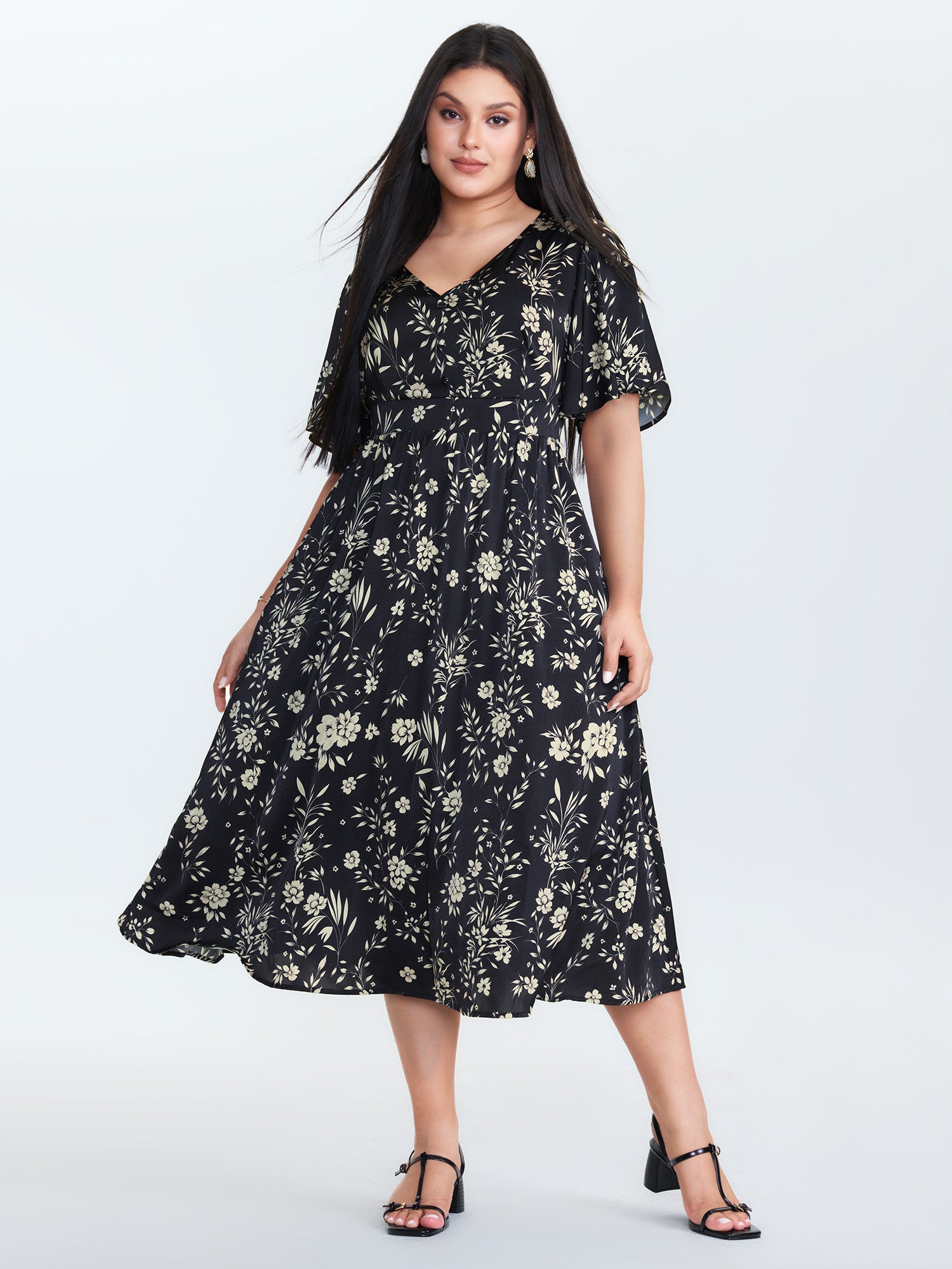 Floral Print V-Neck Cinched-Waist Midi Dress