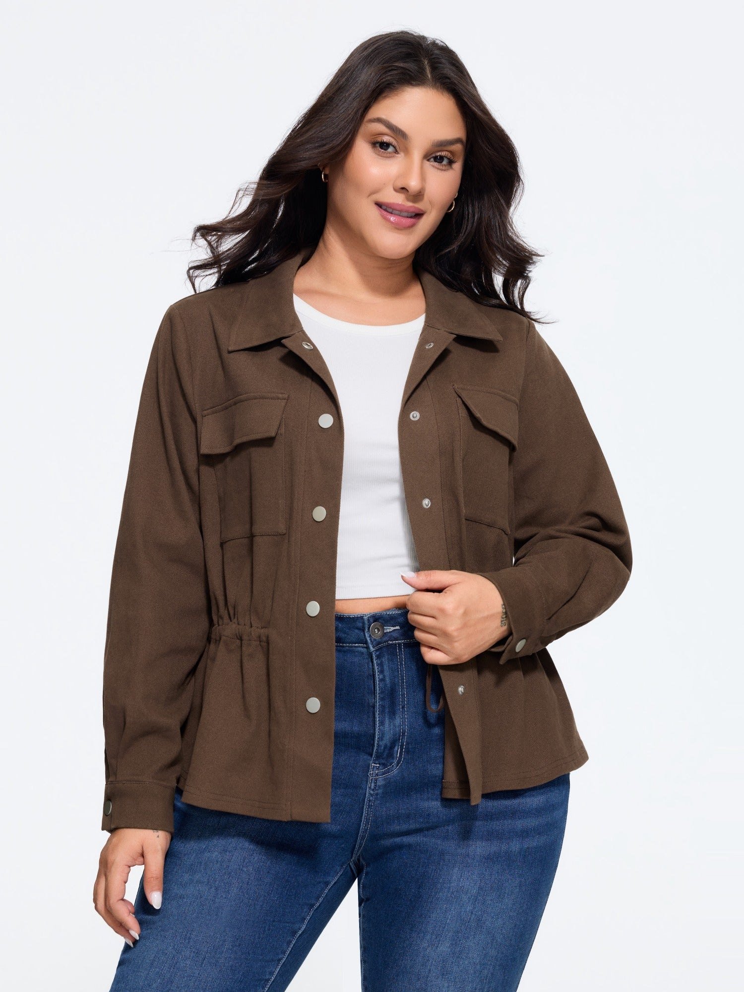 Cotton Lapel Collar Snap Button Waist Defining Jacket