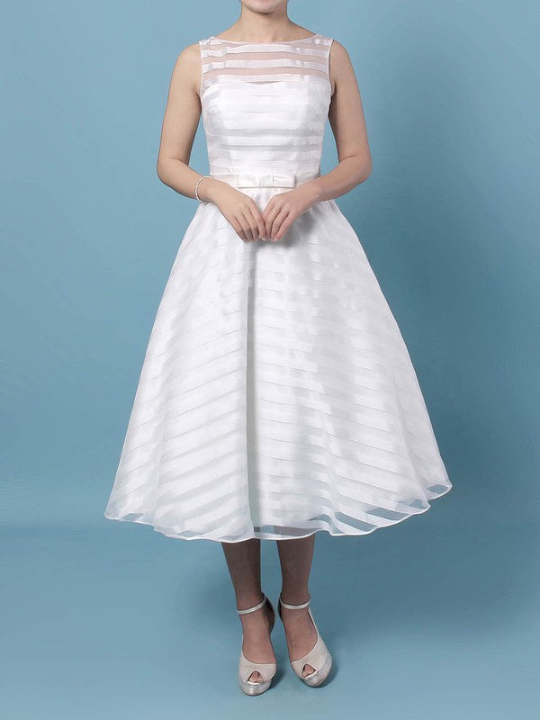 Chic Crew Sleeveless Organza Tea-length Wedding Dresses with Sash