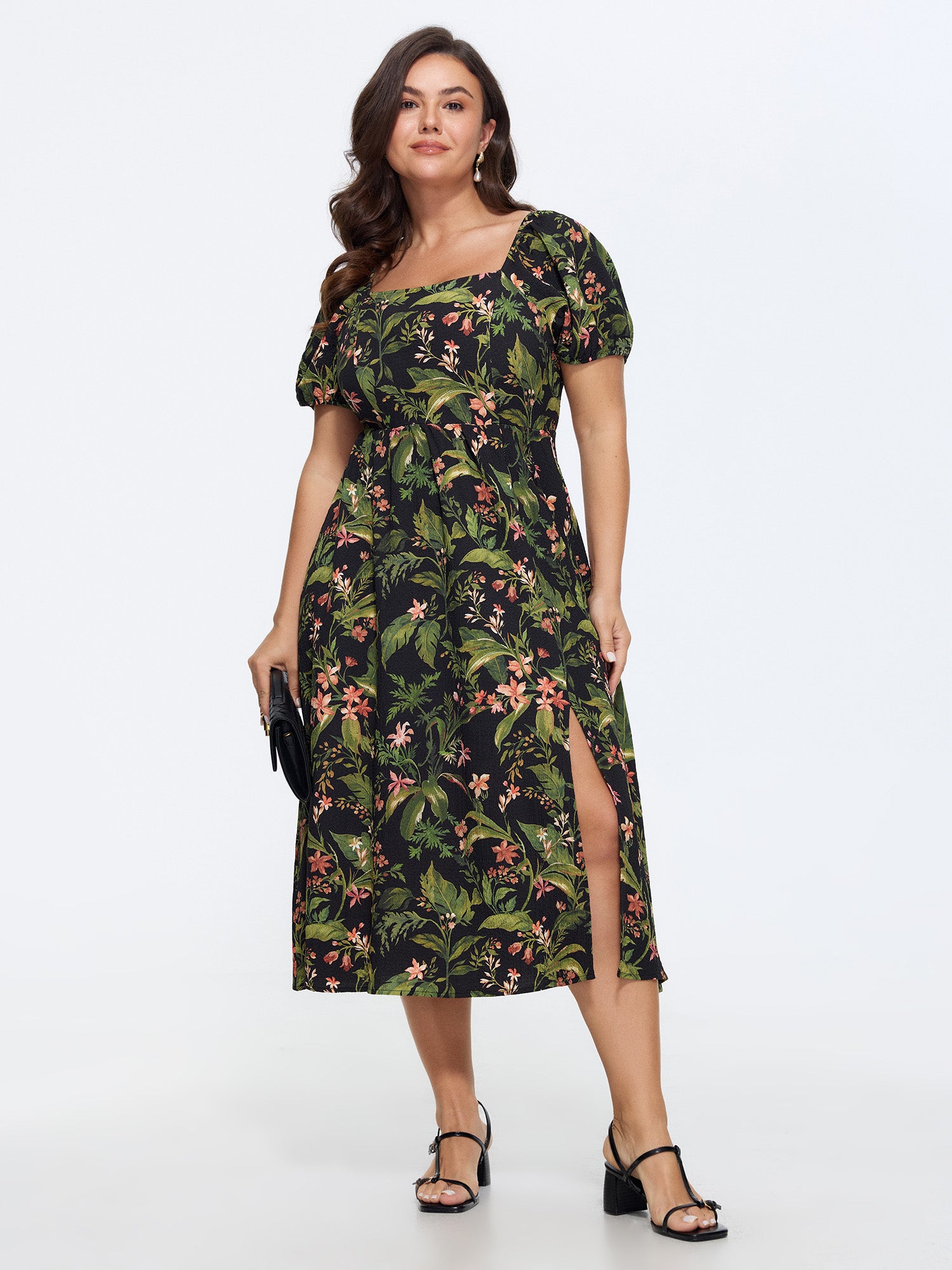 Tropical Floral Print Split Hem Midi Dress