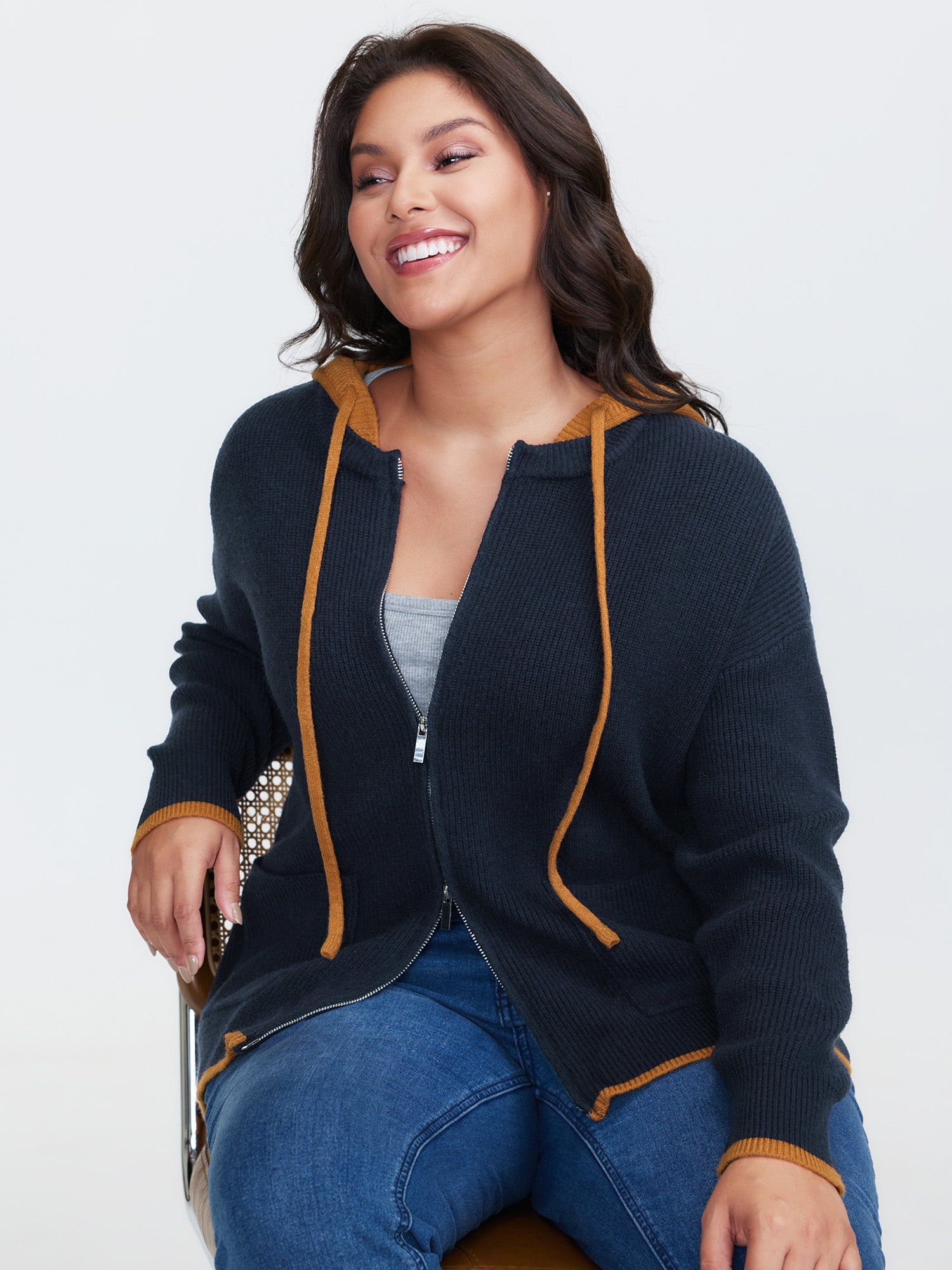 Contrast Hooded Zipper Front Pocketed Cardigan
