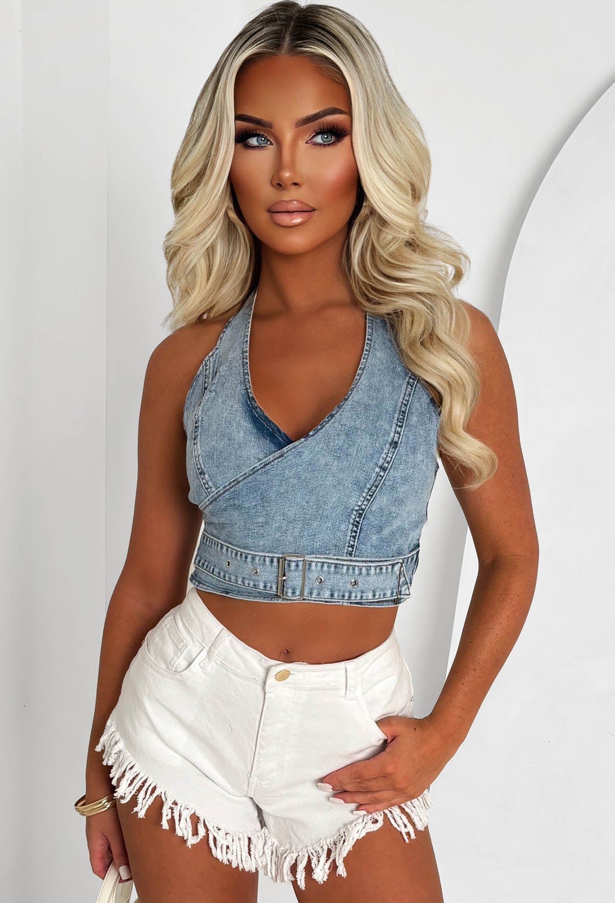 Halter Perspective Light Wash Stretch Denim Buckled Top