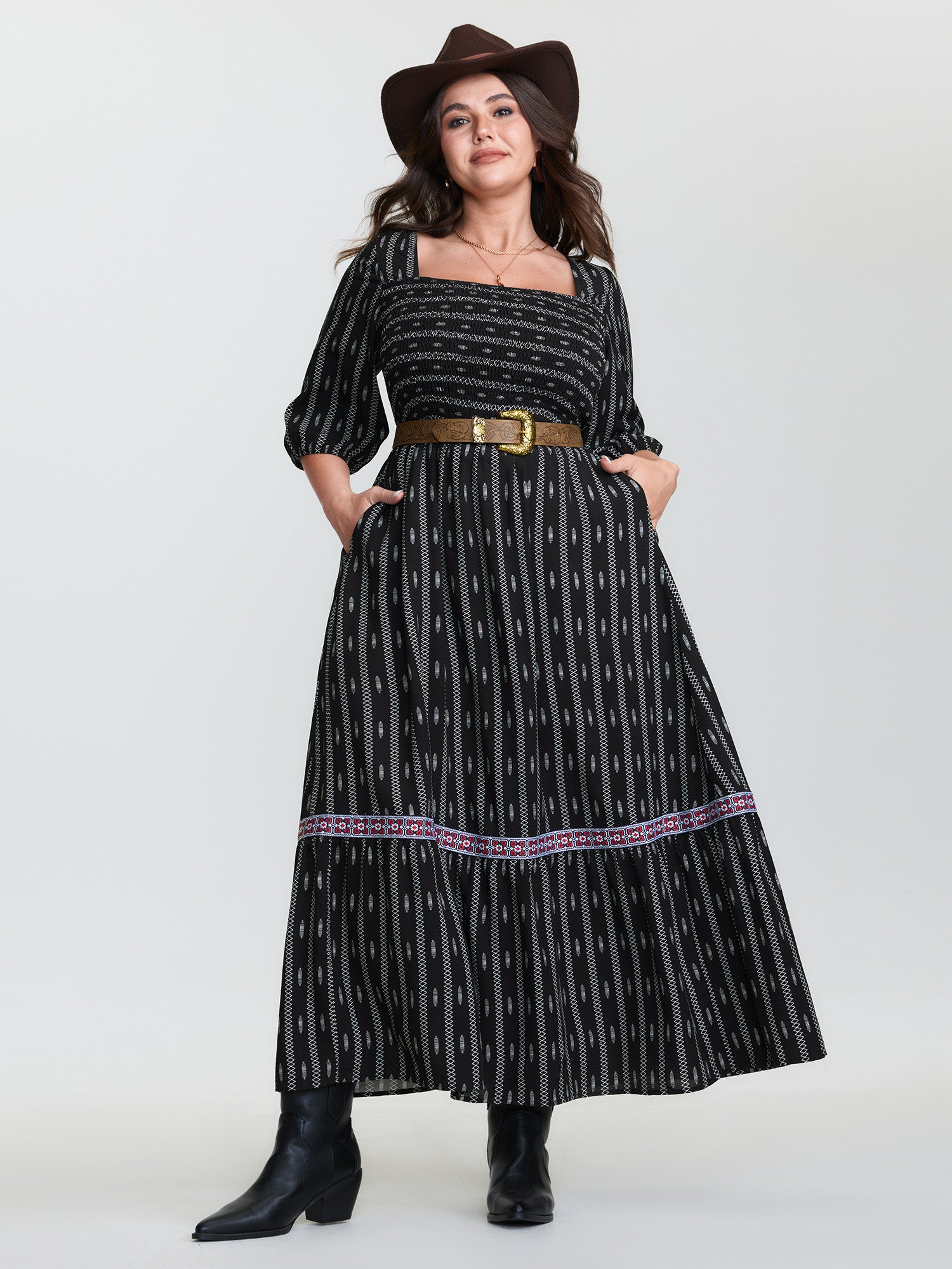 Geometric Print Shirred Square Neck Maxi Dress